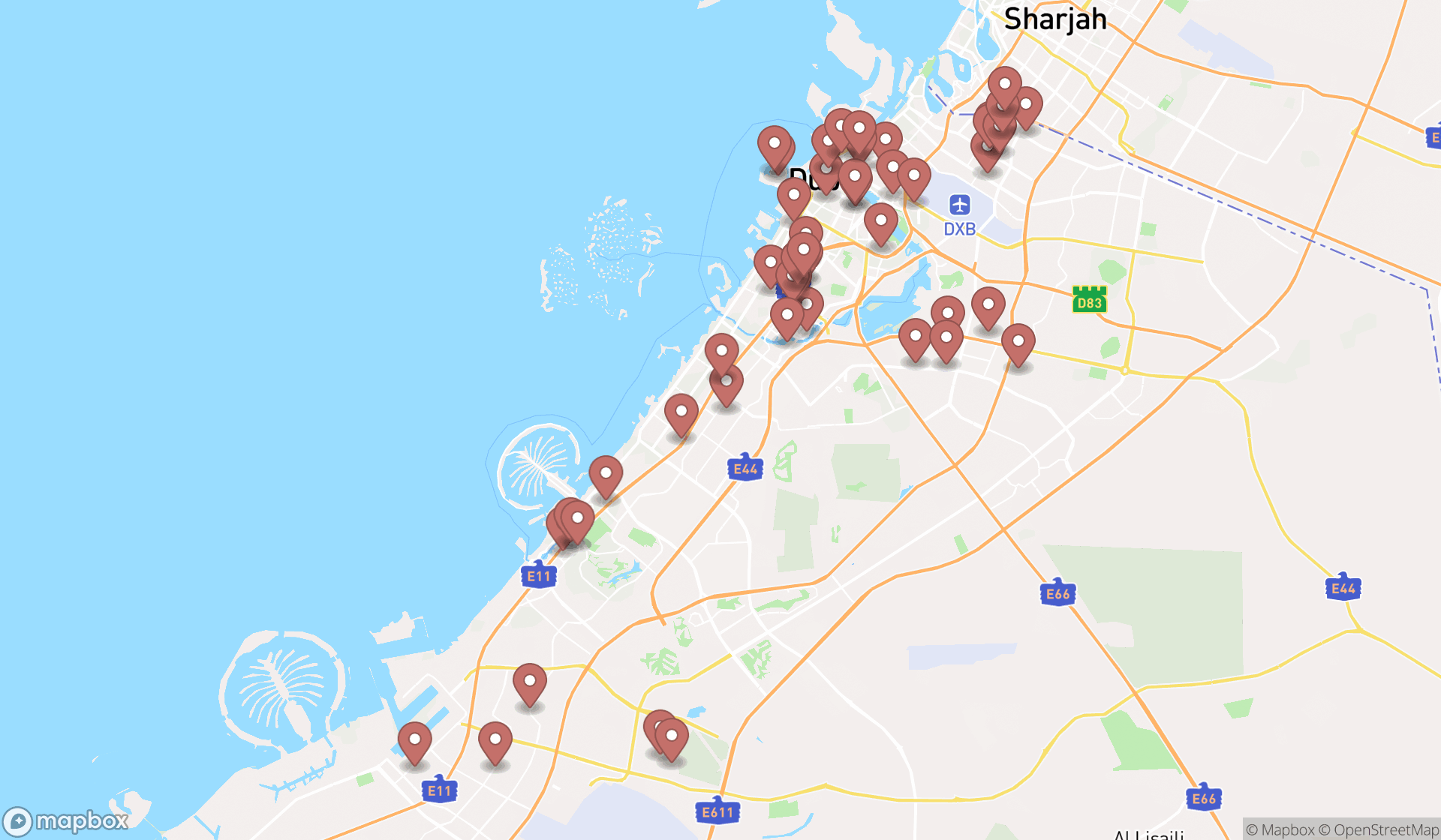 Map showing the search results in Dubai