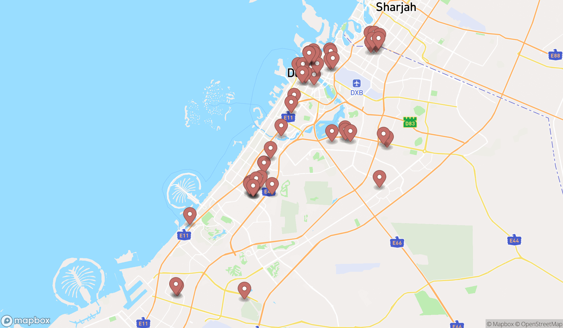 Map showing the search results in Dubai