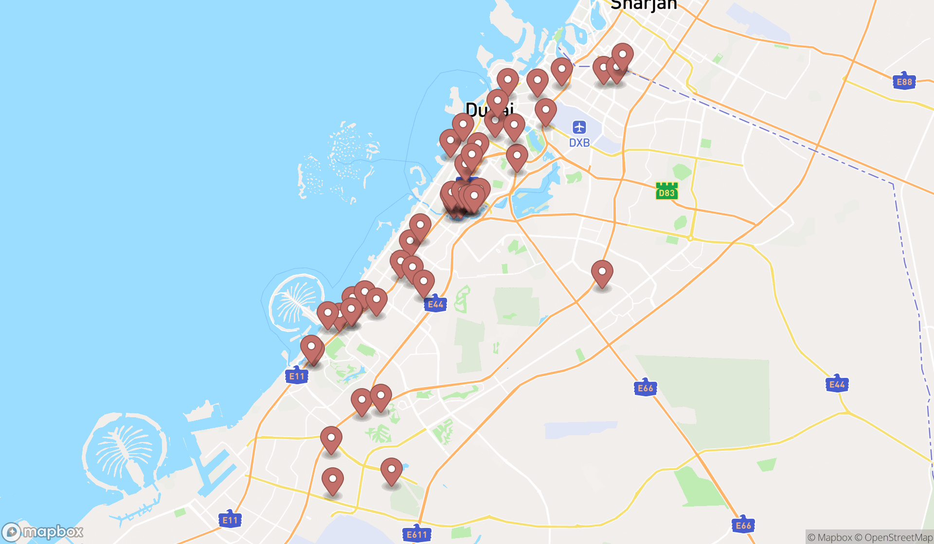 Map showing the search results in Dubai