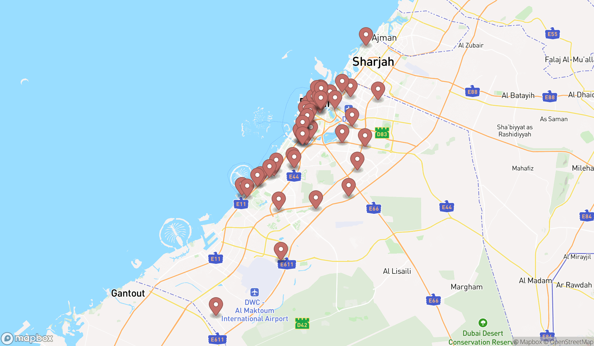 Map showing the search results in Dubai