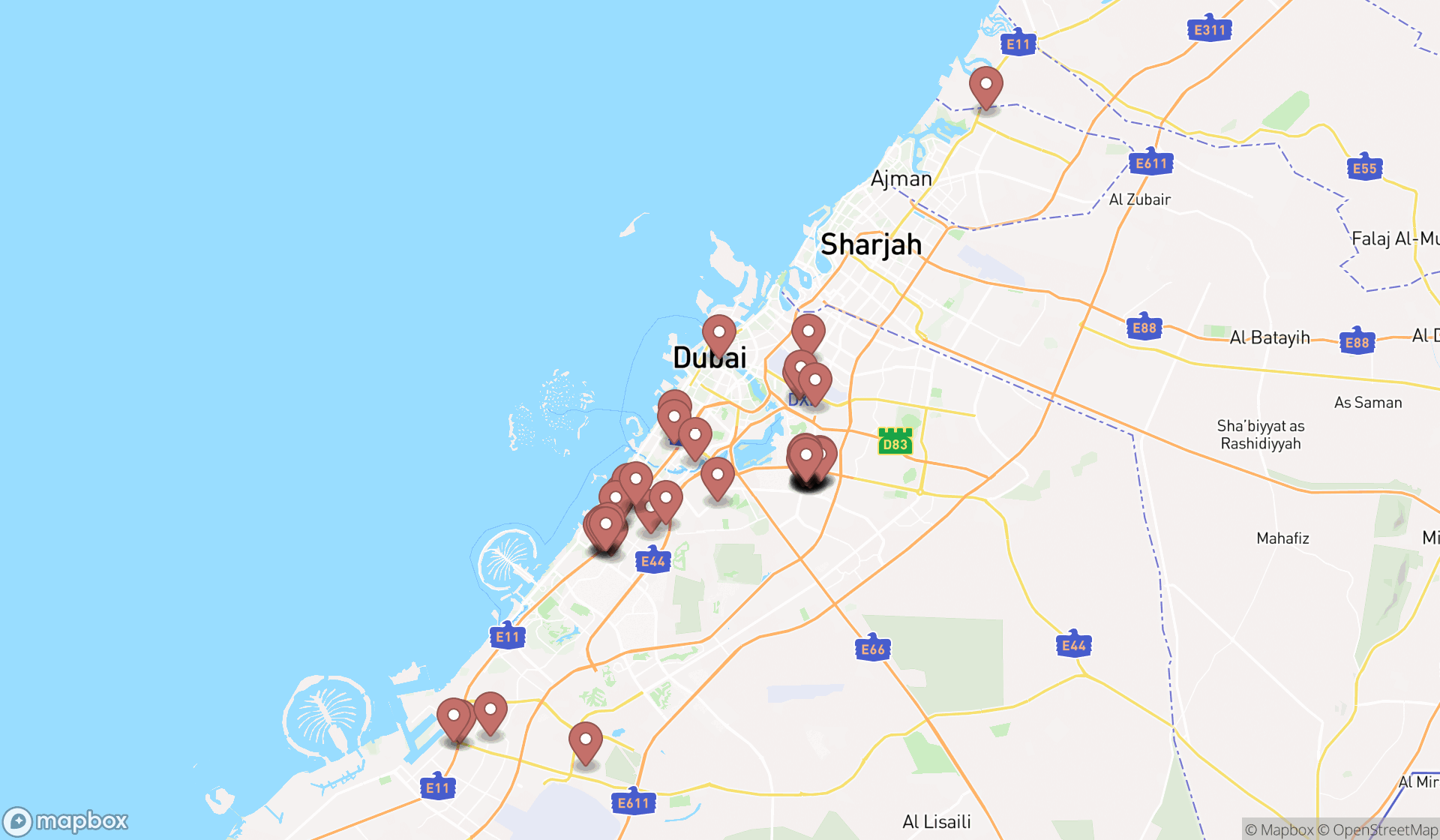 Map showing the search results in Dubai