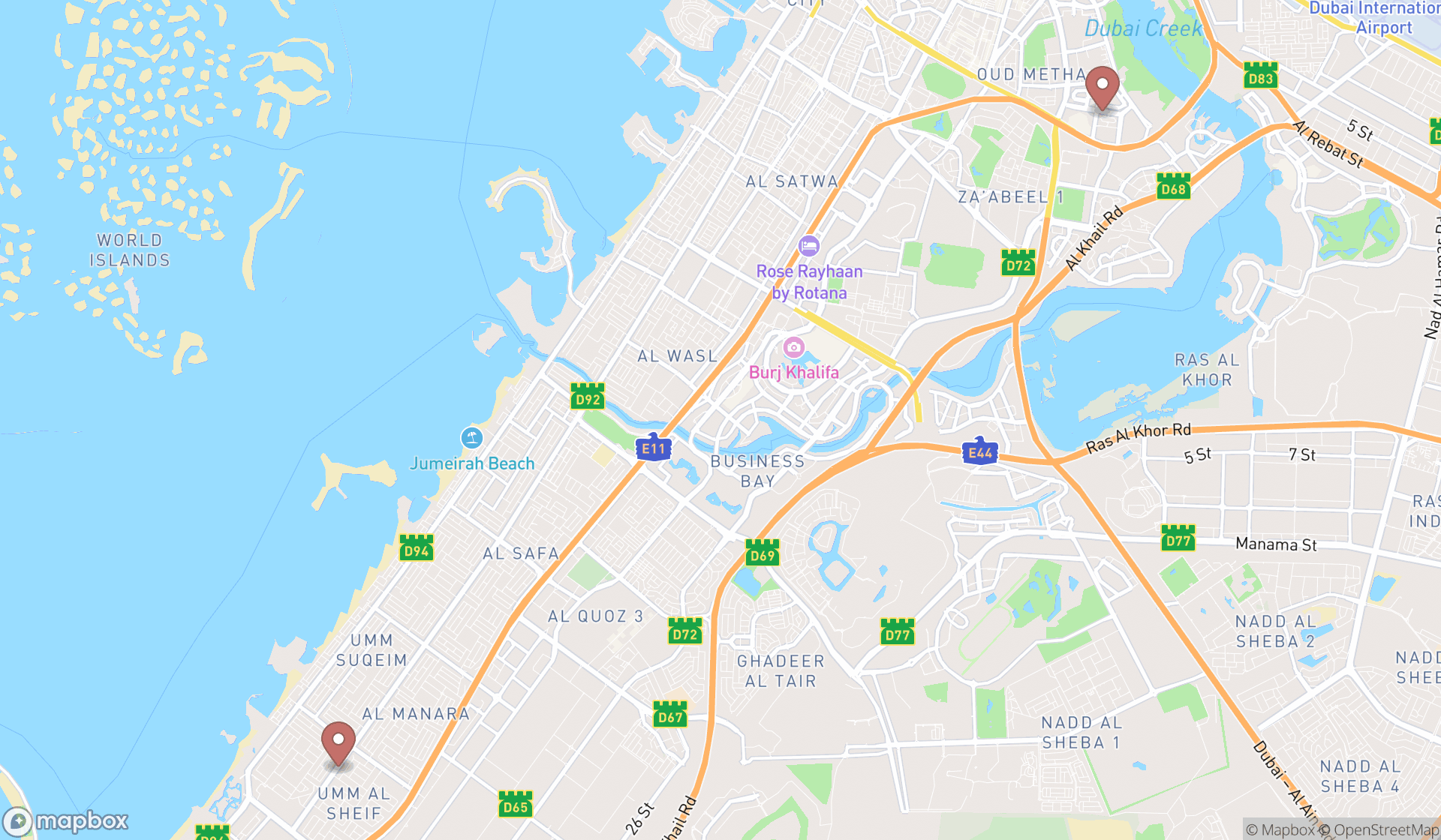 Map showing the search results in Dubai