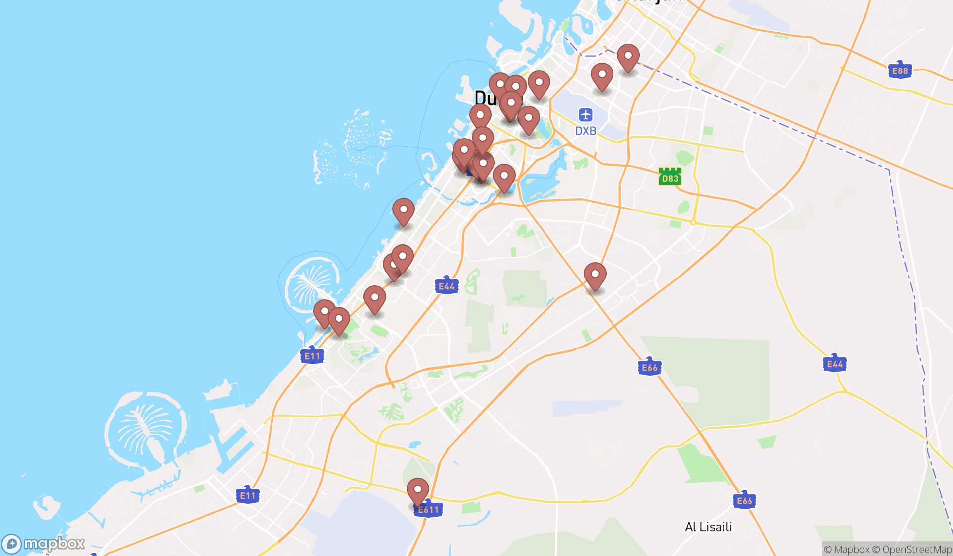 Map showing the search results in Dubai