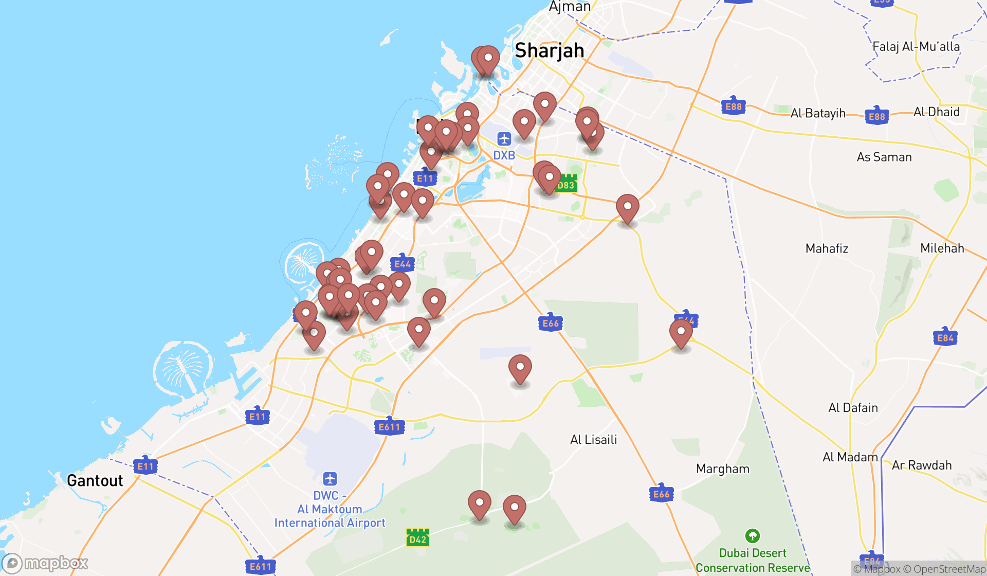 Map showing the search results in Dubai