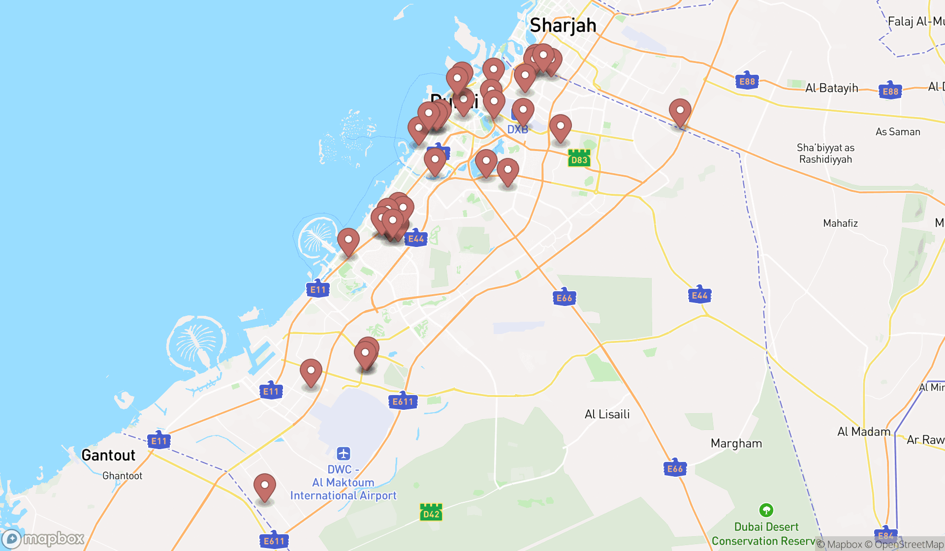 Map showing the search results in Dubai