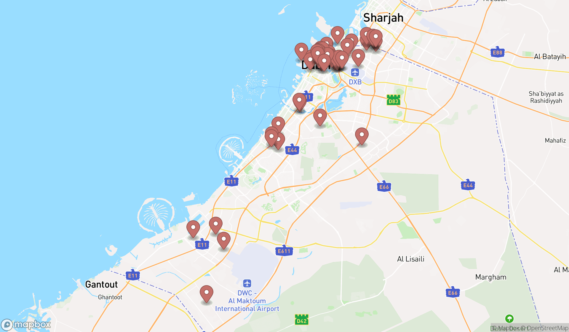 Map showing the search results in Dubai