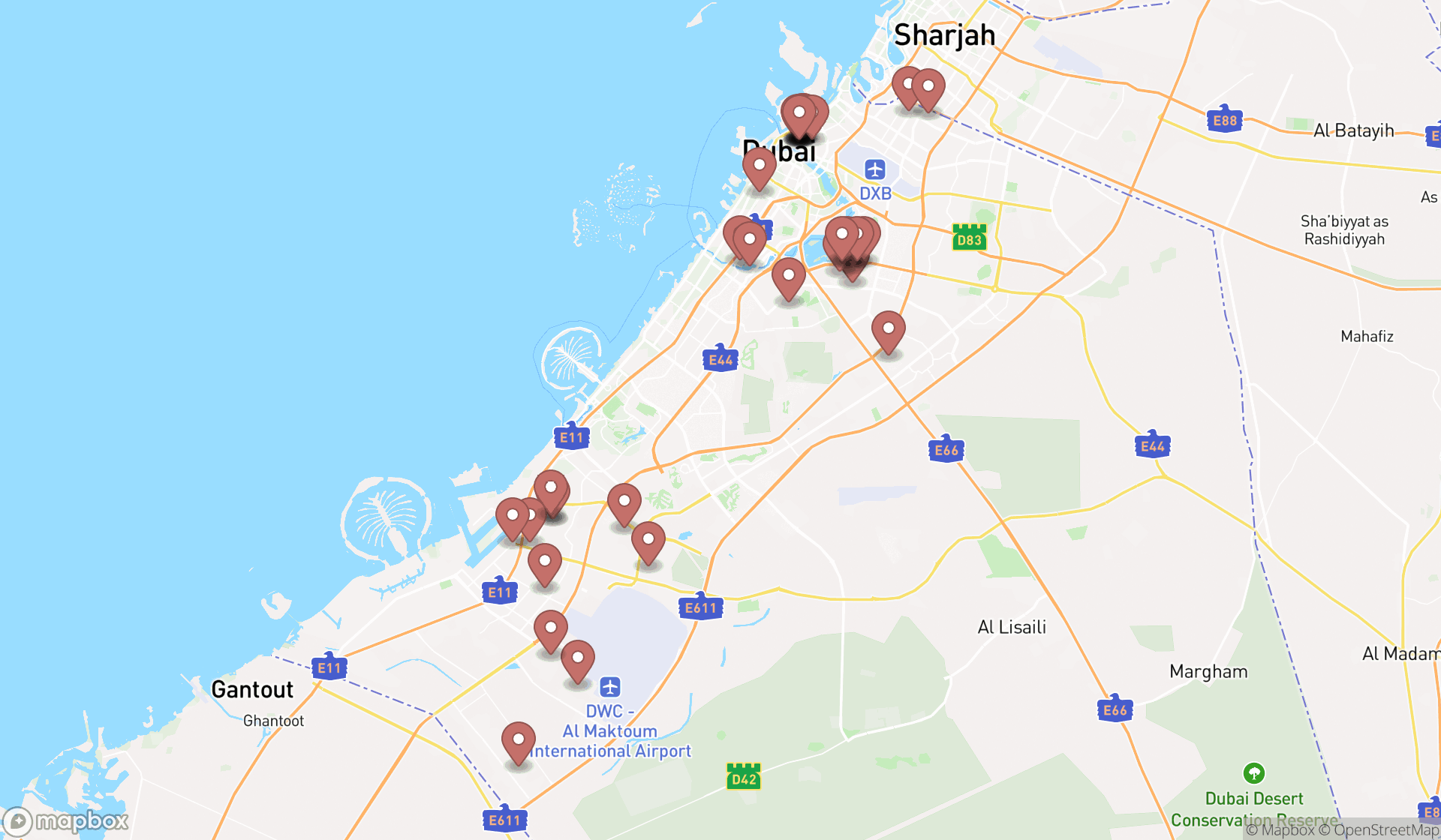 Map showing the search results in Dubai