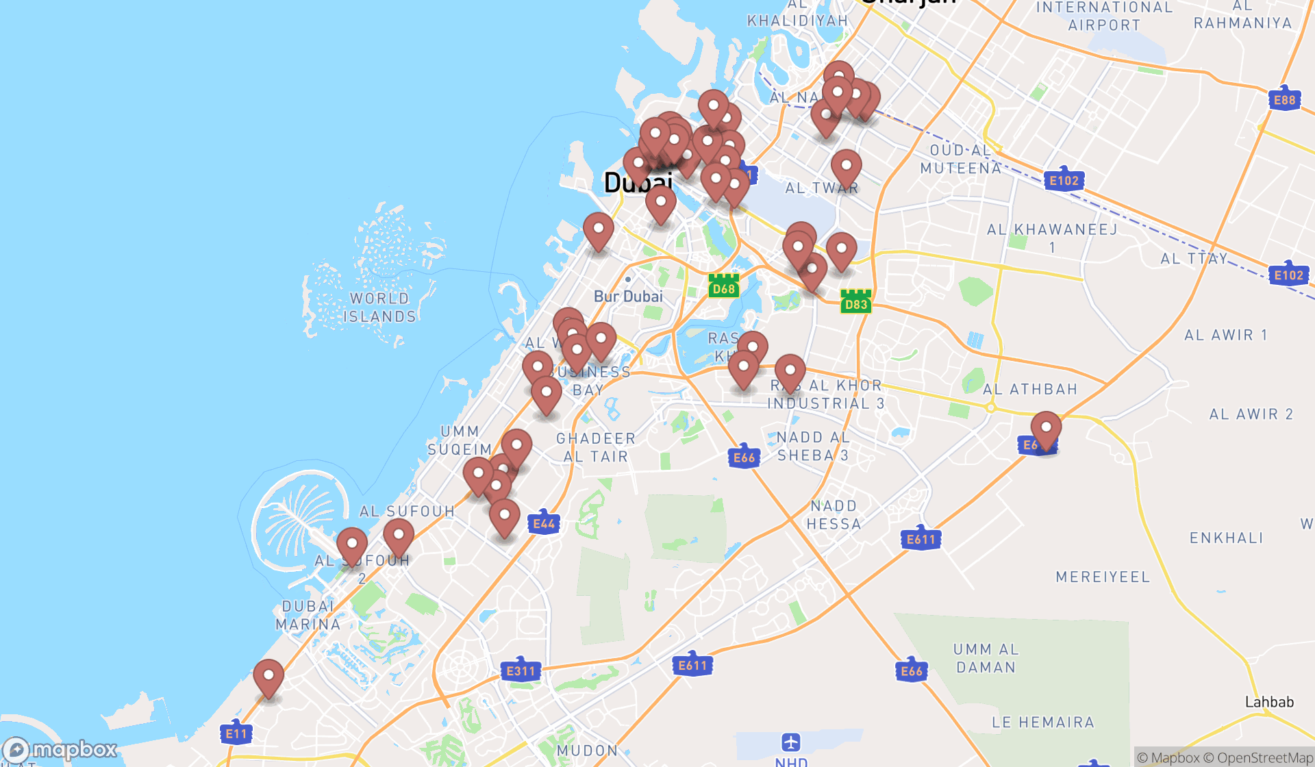 Map showing the search results in Dubai