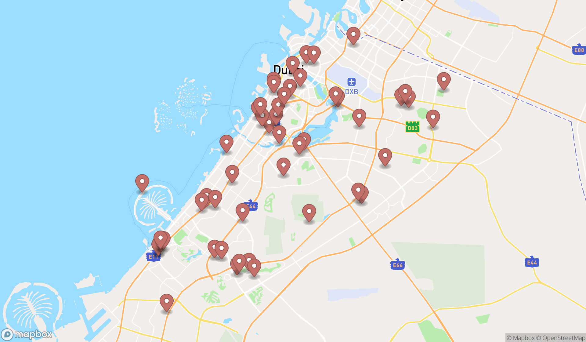 Map showing the search results in Dubai