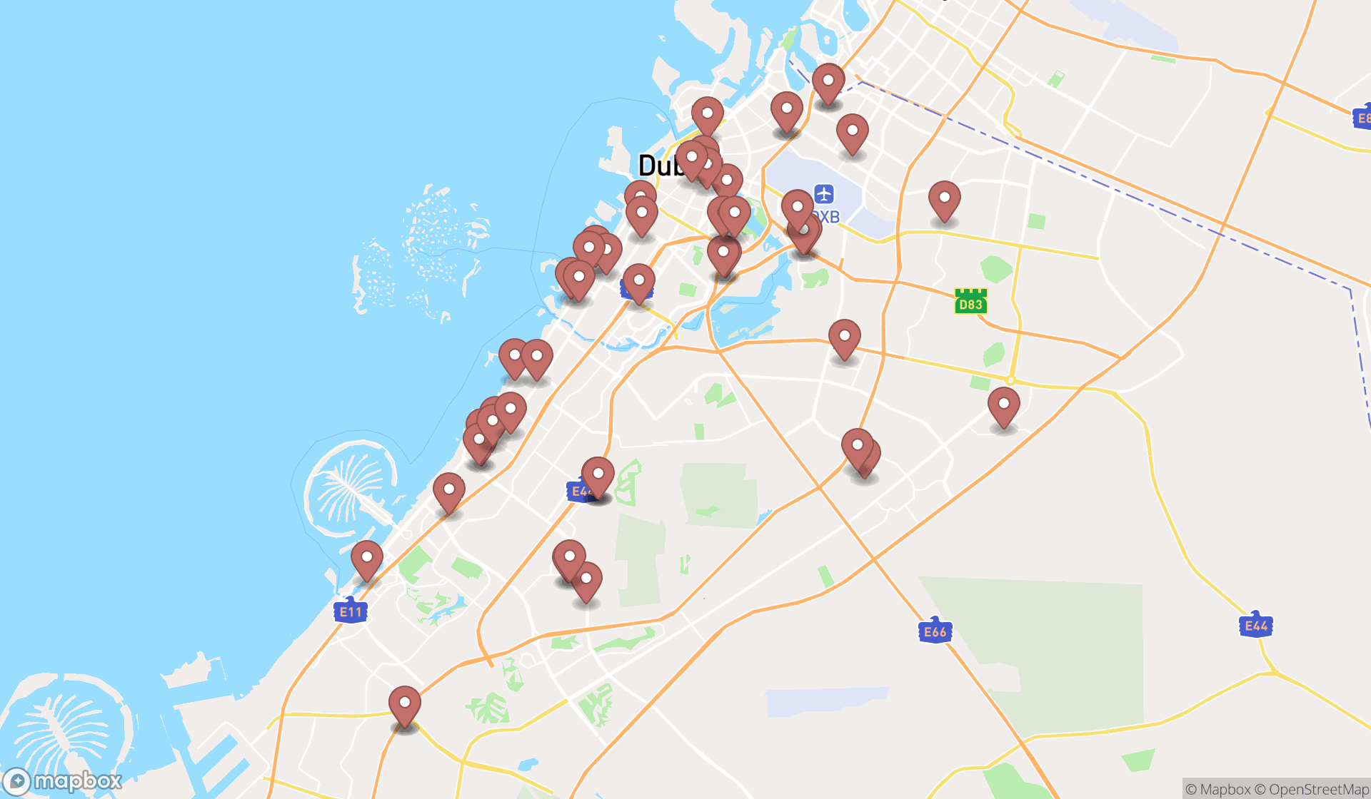 Map showing the search results in Dubai