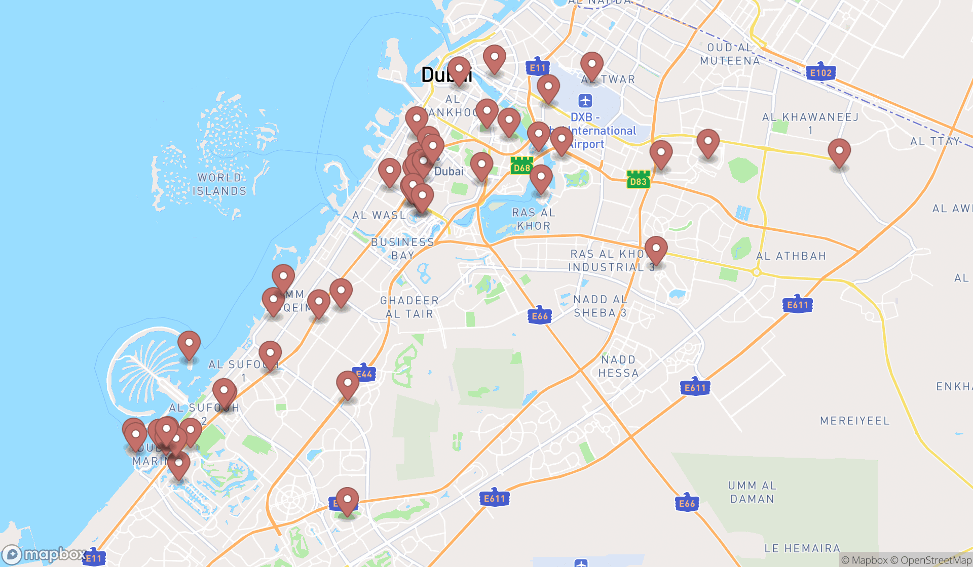 Map showing the search results in Dubai