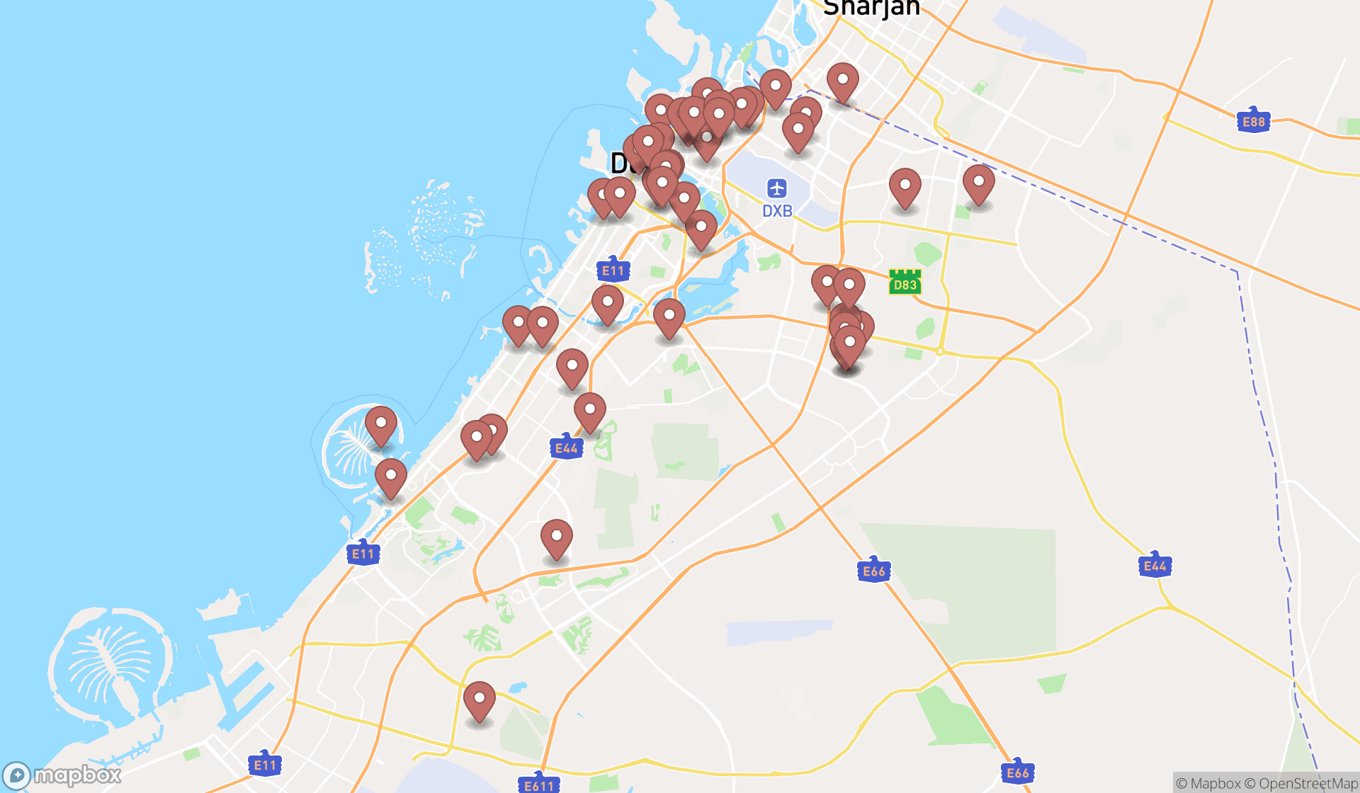 Map showing the search results in Dubai