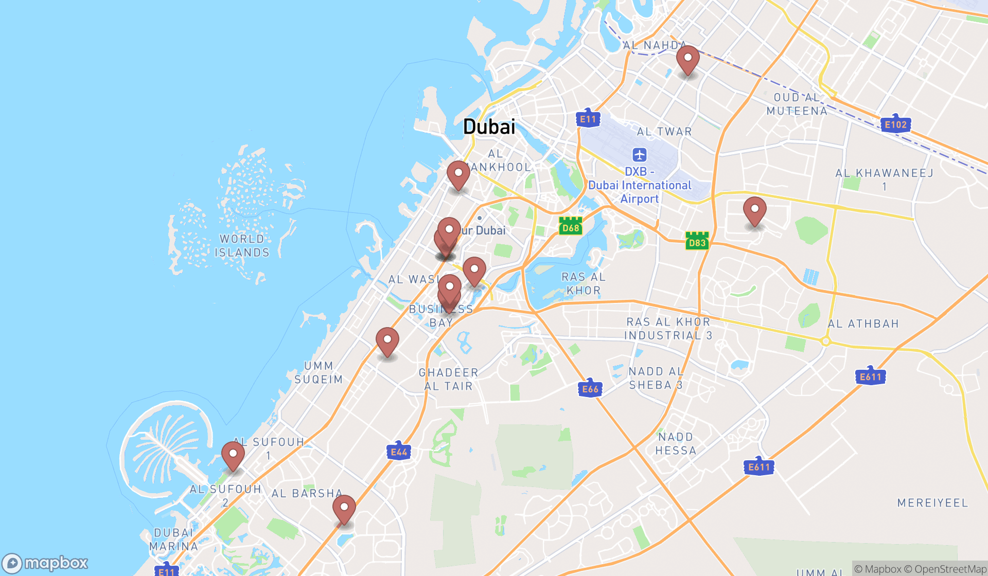 Map showing the search results in Dubai