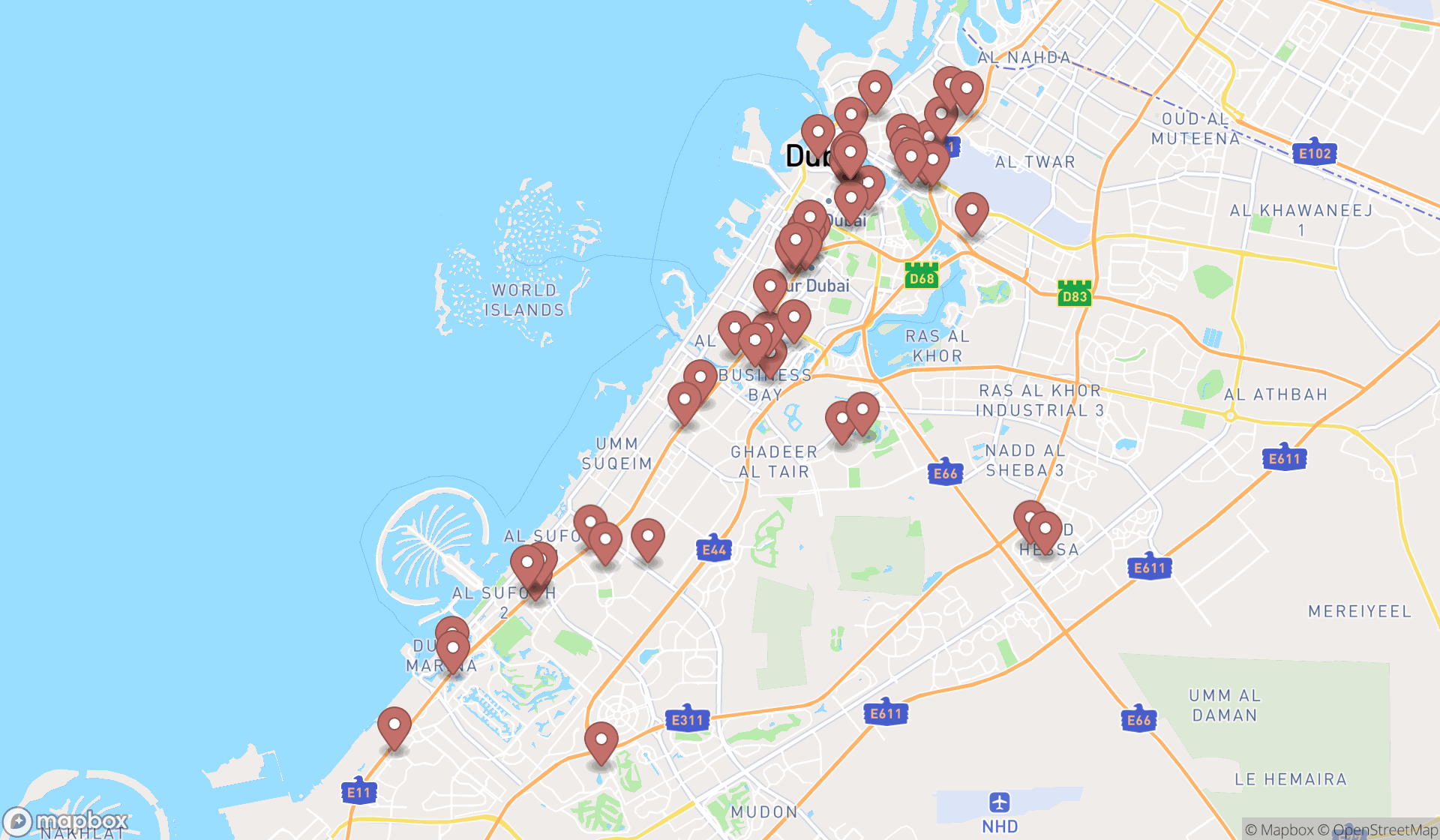Map showing the search results in Dubai