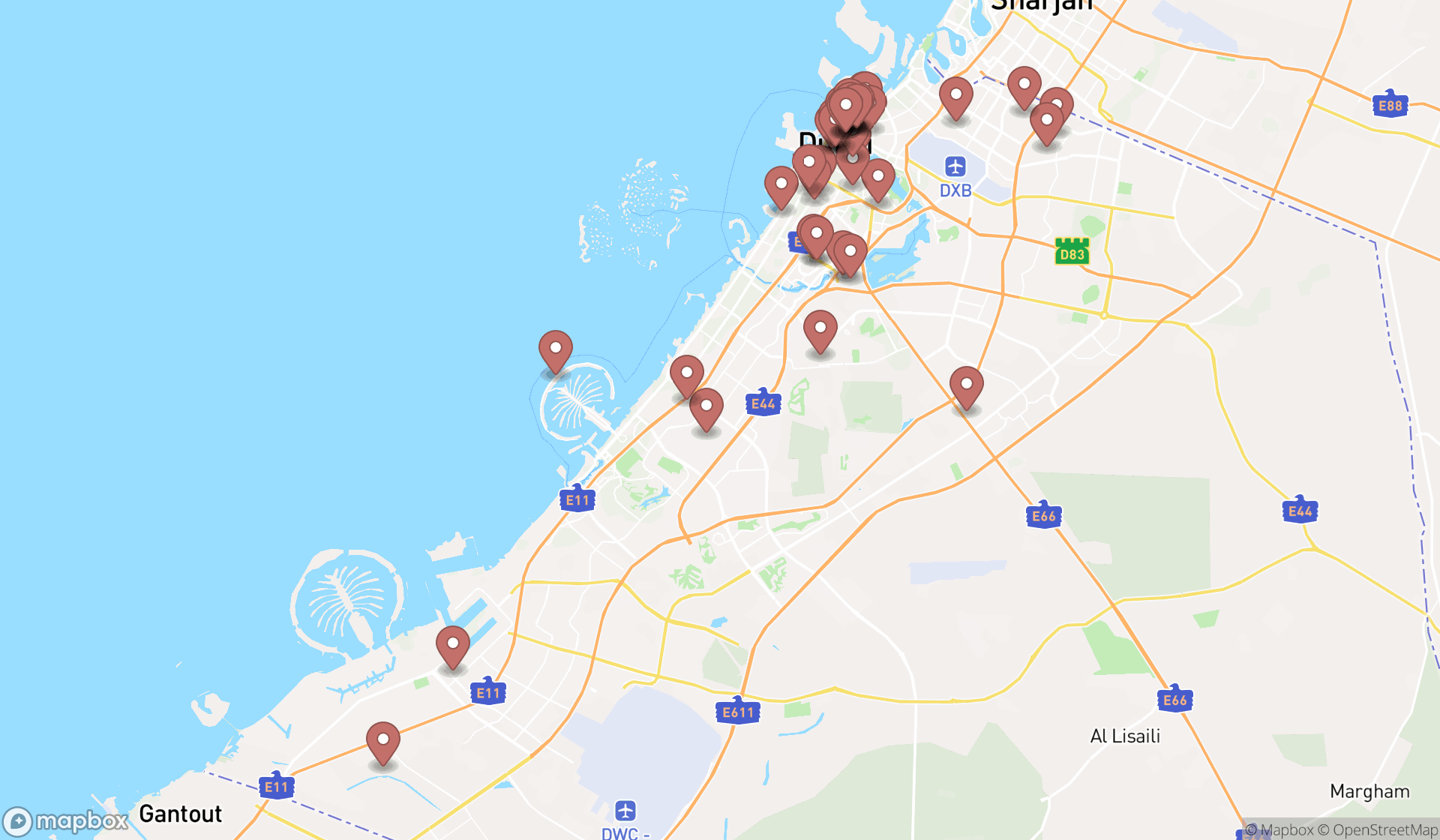 Map showing the search results in Dubai