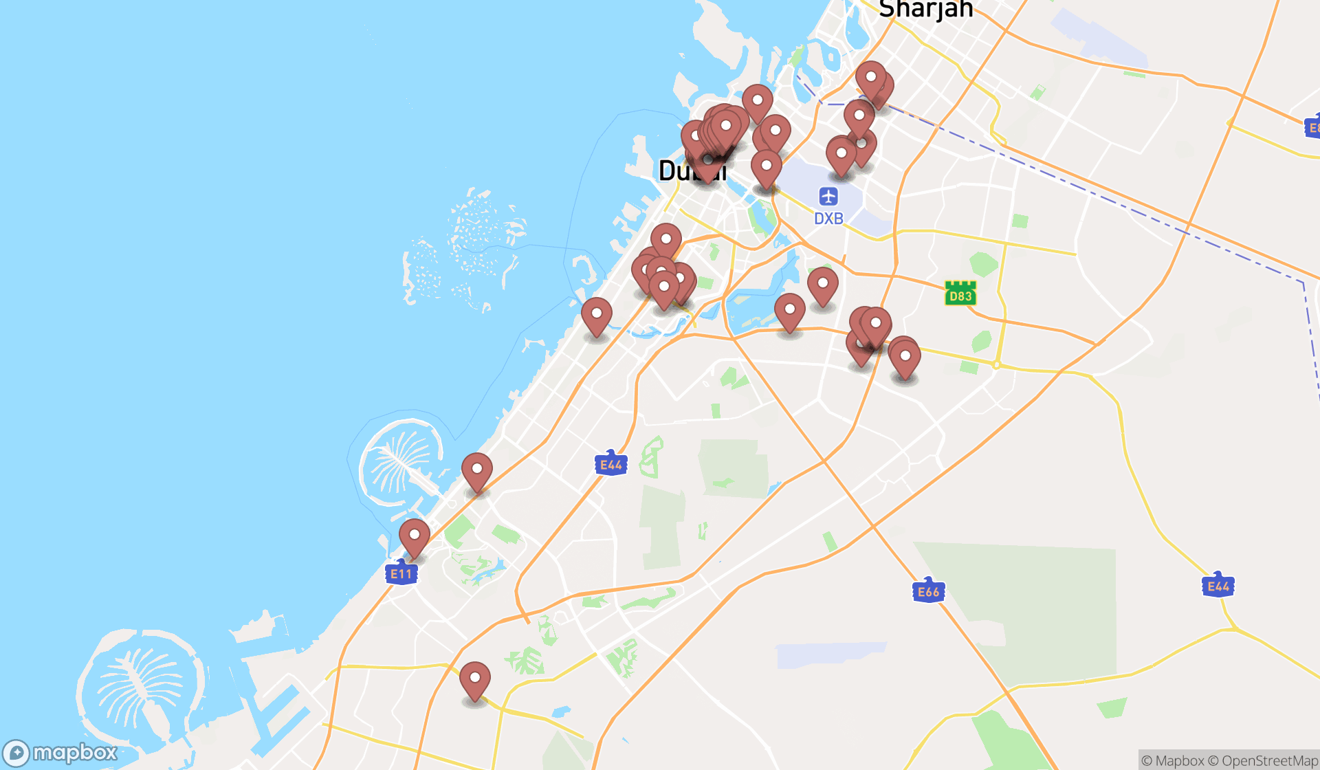 Map showing the search results in Dubai