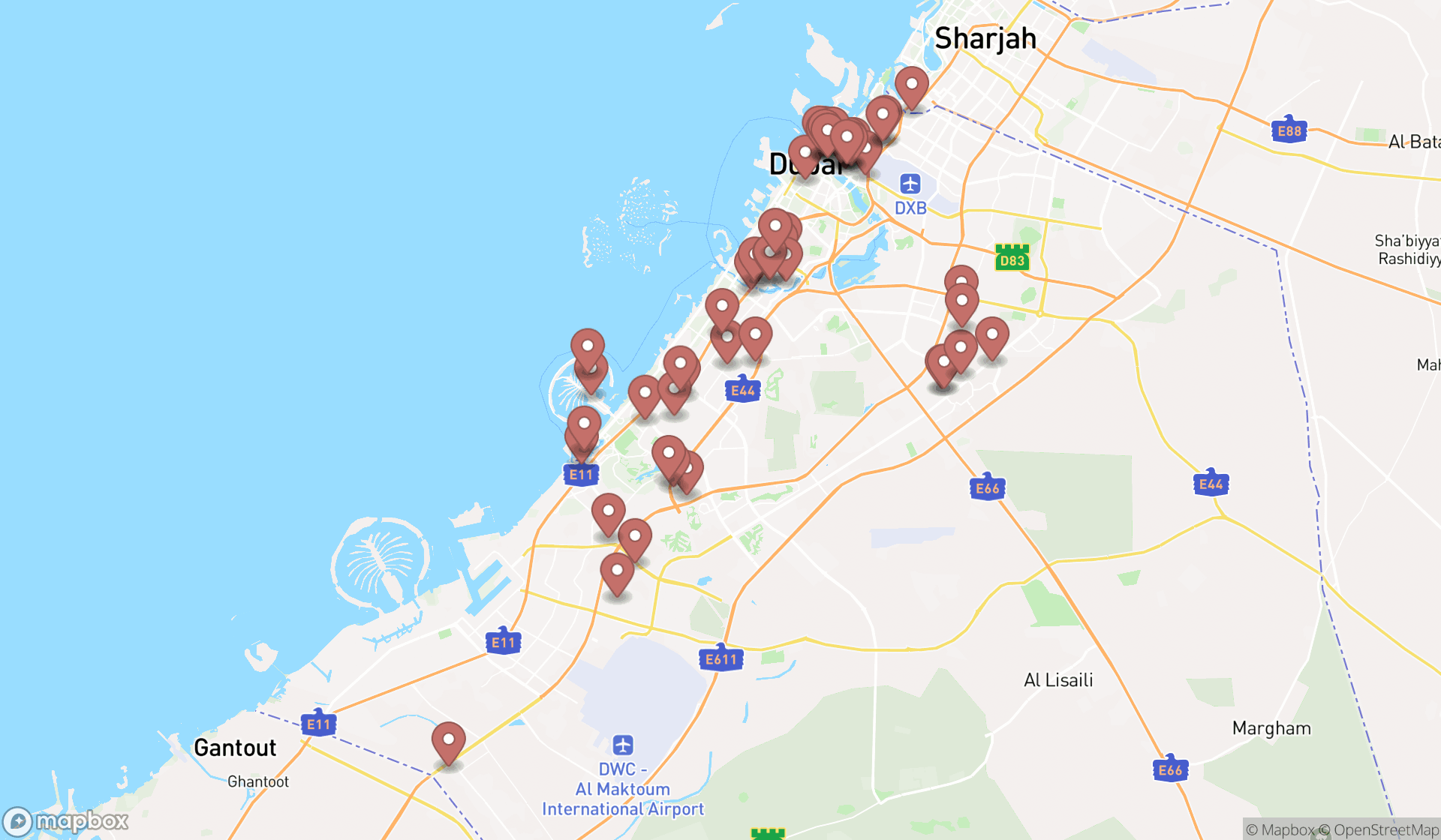 Map showing the search results in Dubai