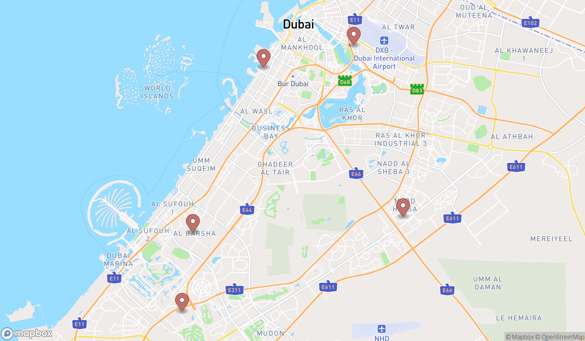 Map showing the search results in Dubai