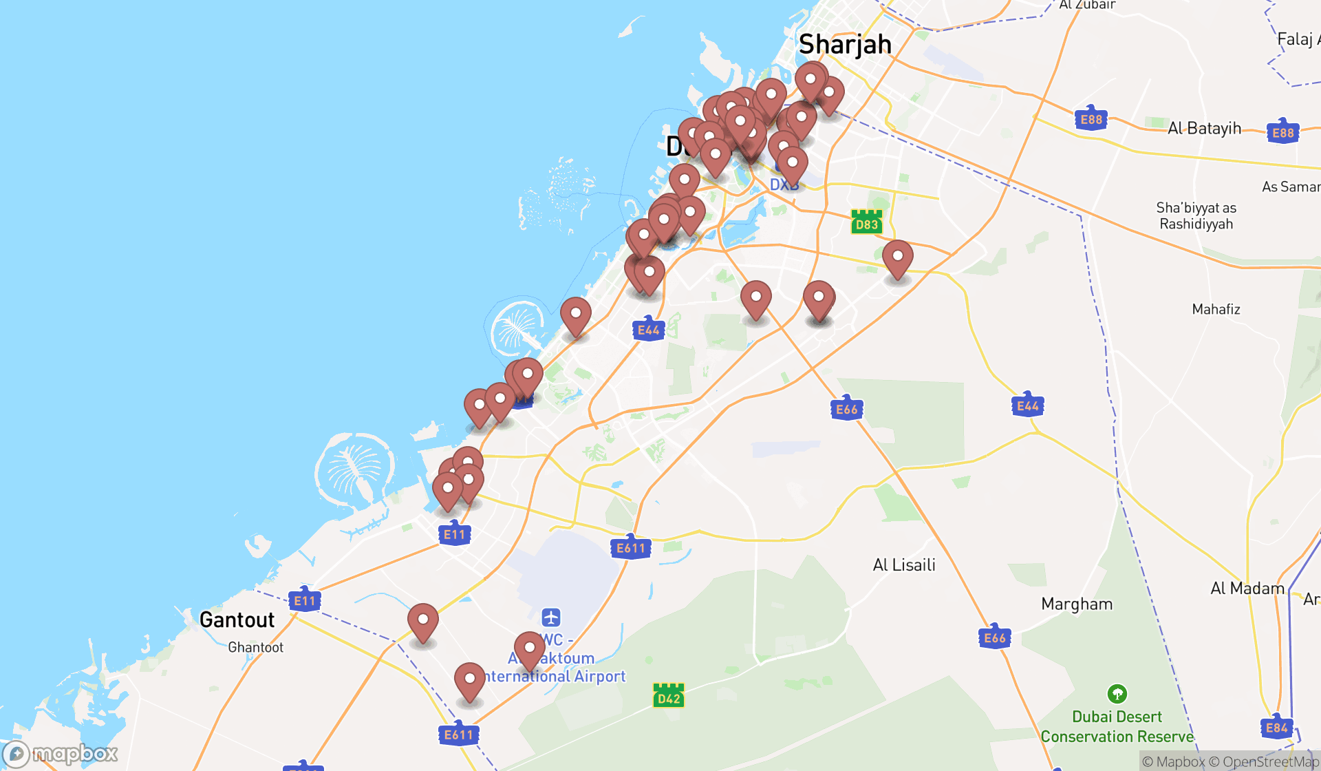 Map showing the search results in Dubai