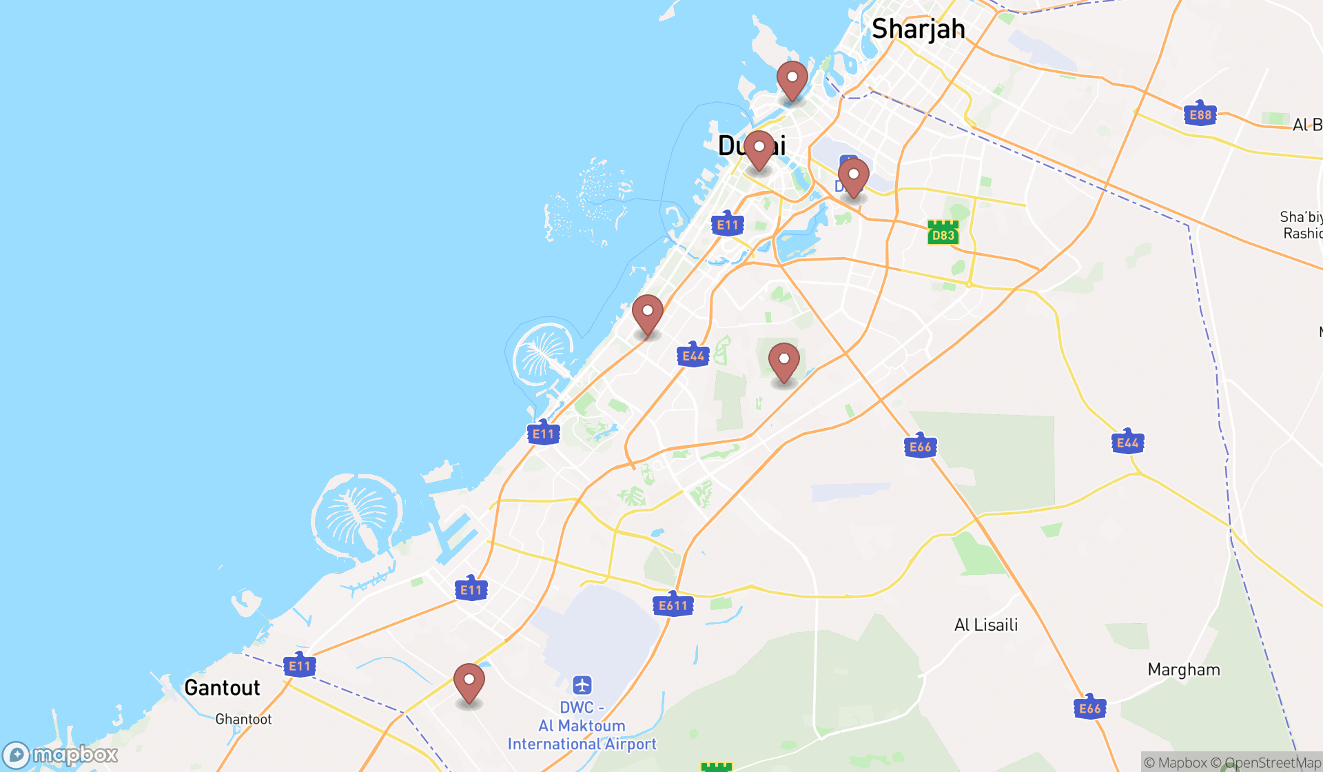 Map showing the search results in Dubai