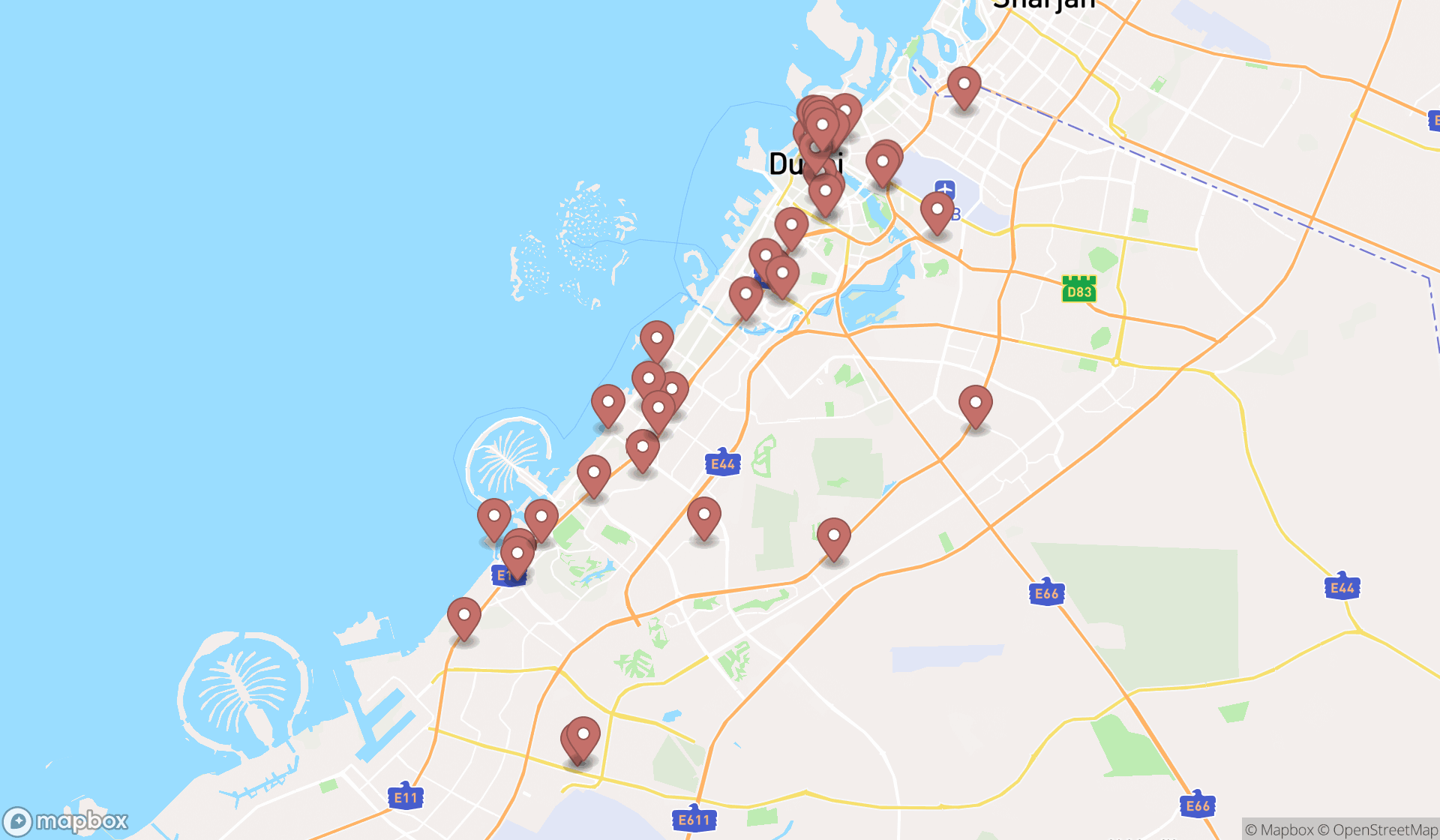Map showing the search results in Dubai