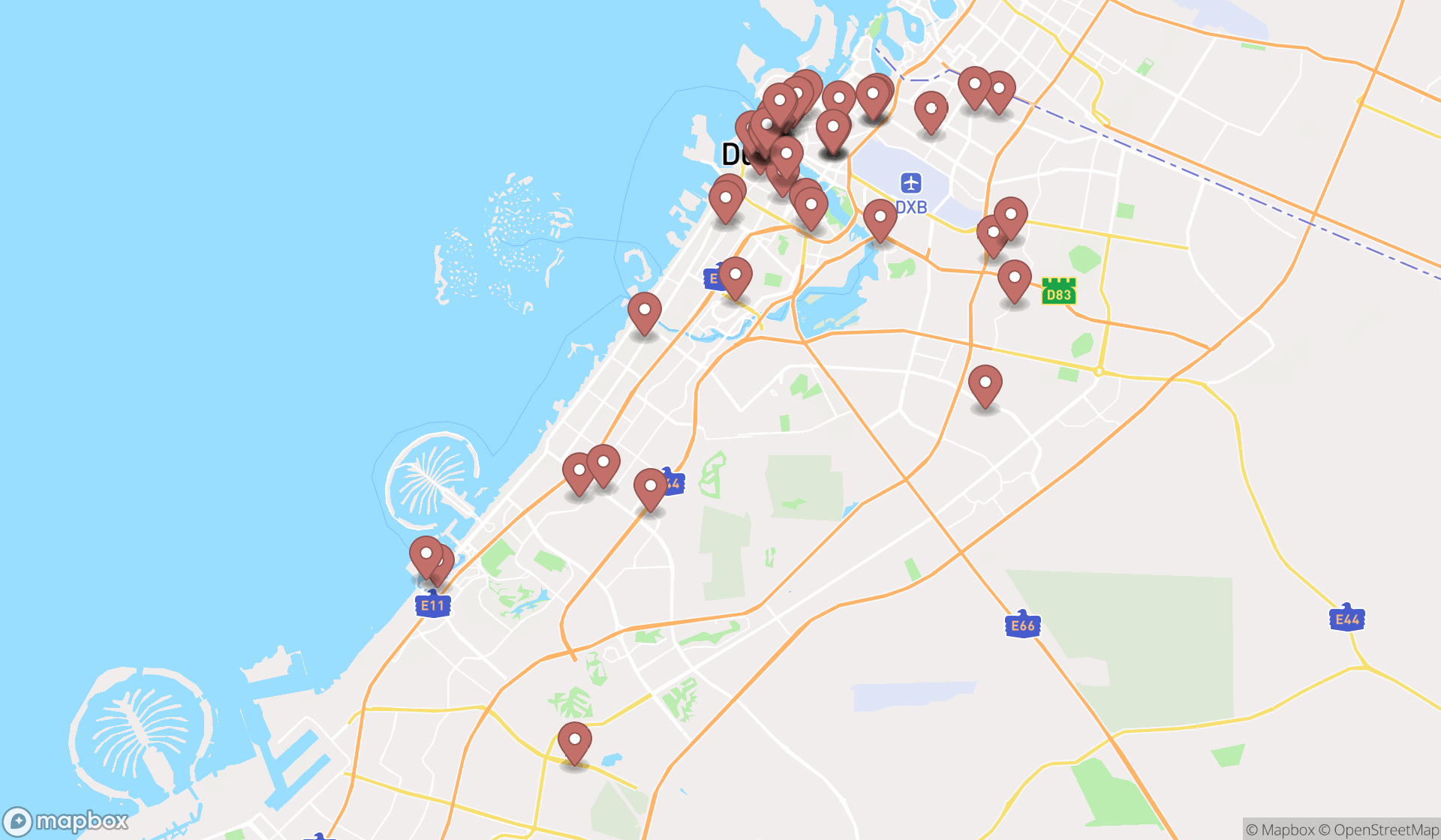 Map showing the search results in Dubai