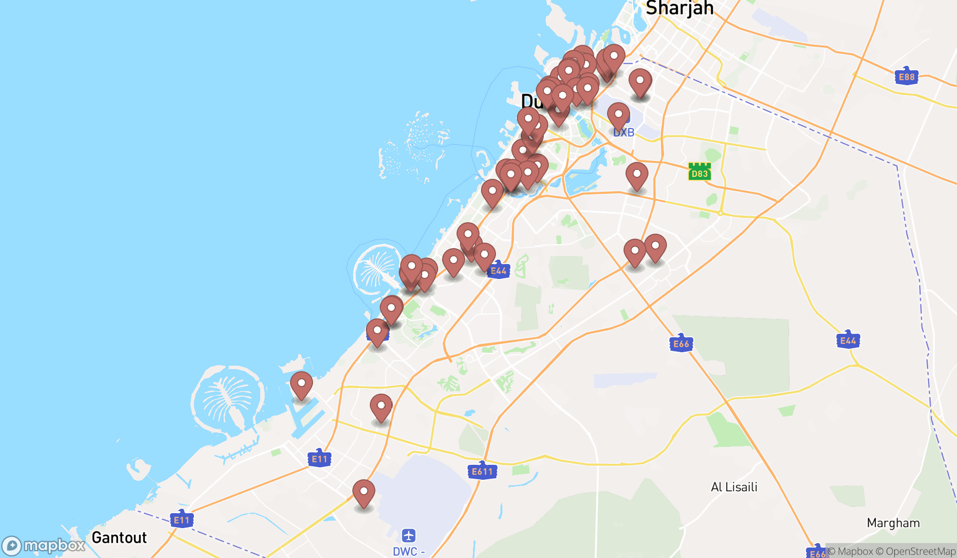 Map showing the search results in Dubai