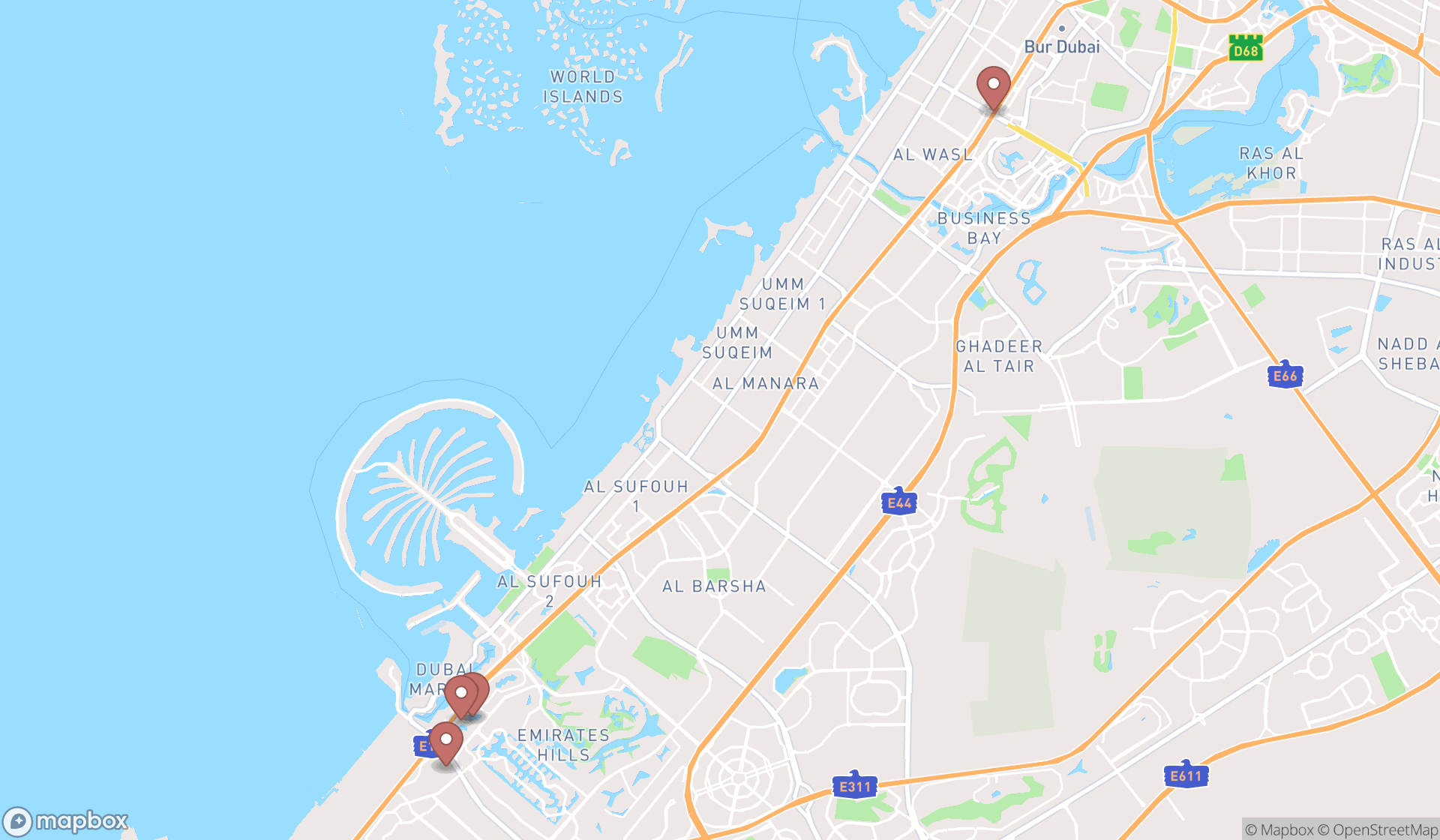 Map showing the search results in Dubai