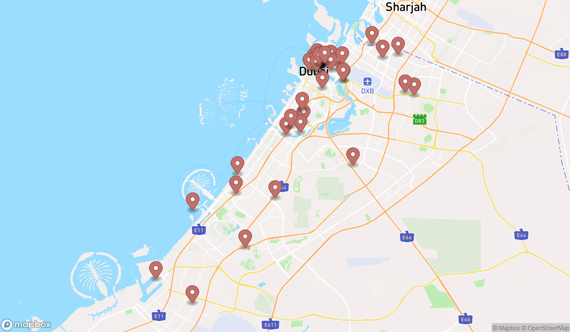 Map showing the search results in Dubai