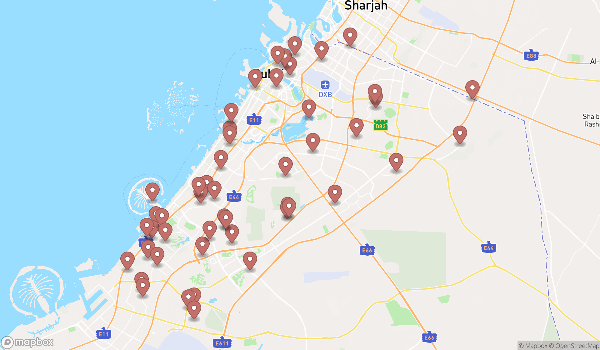 Map showing the search results in Dubai