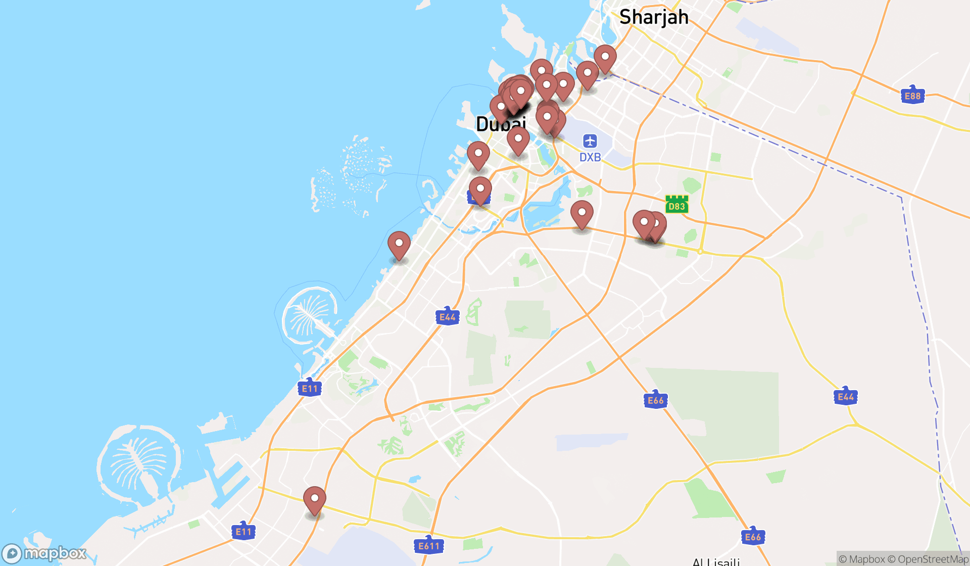 Map showing the search results in Dubai