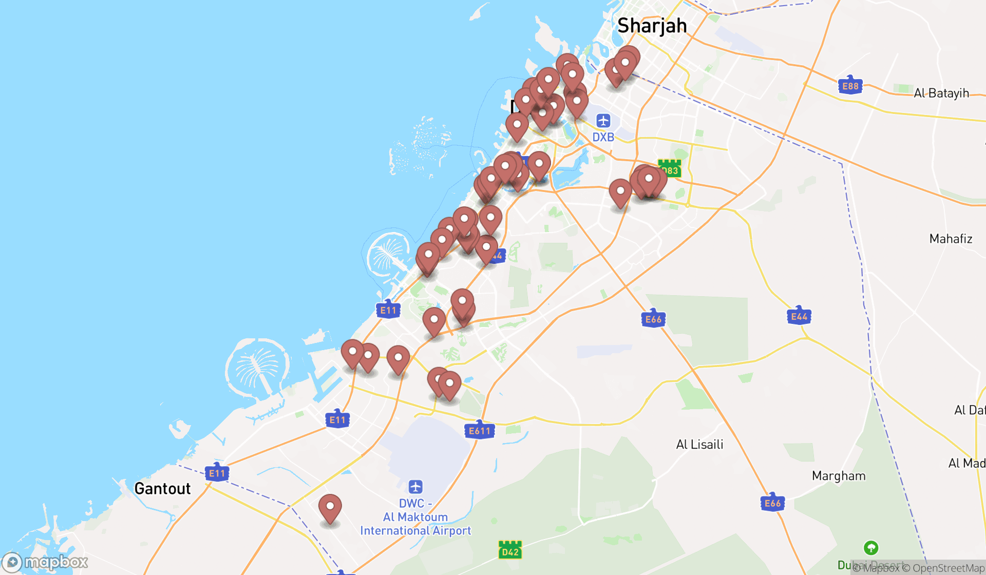 Map showing the search results in Dubai