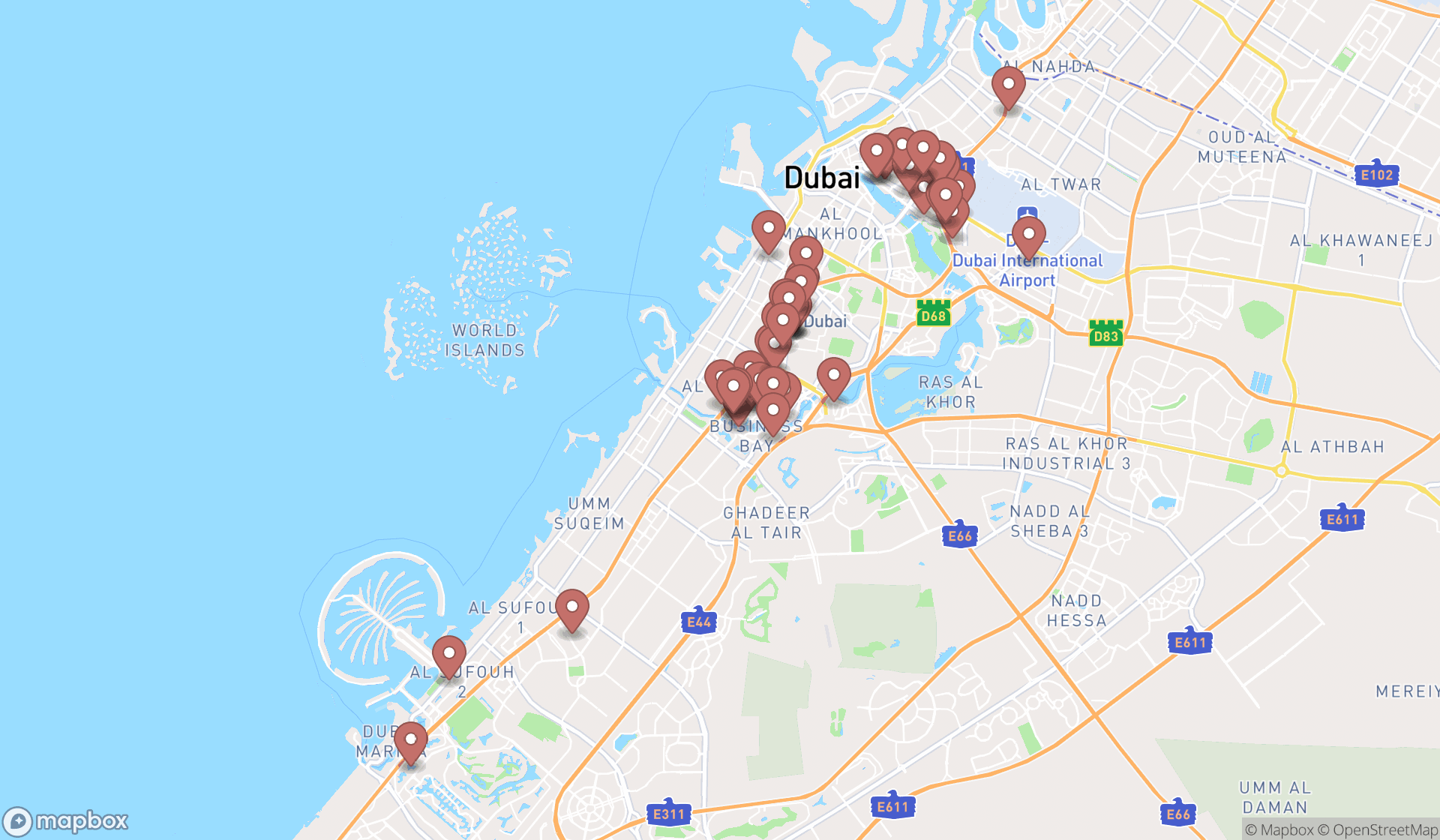 Map showing the search results in Dubai