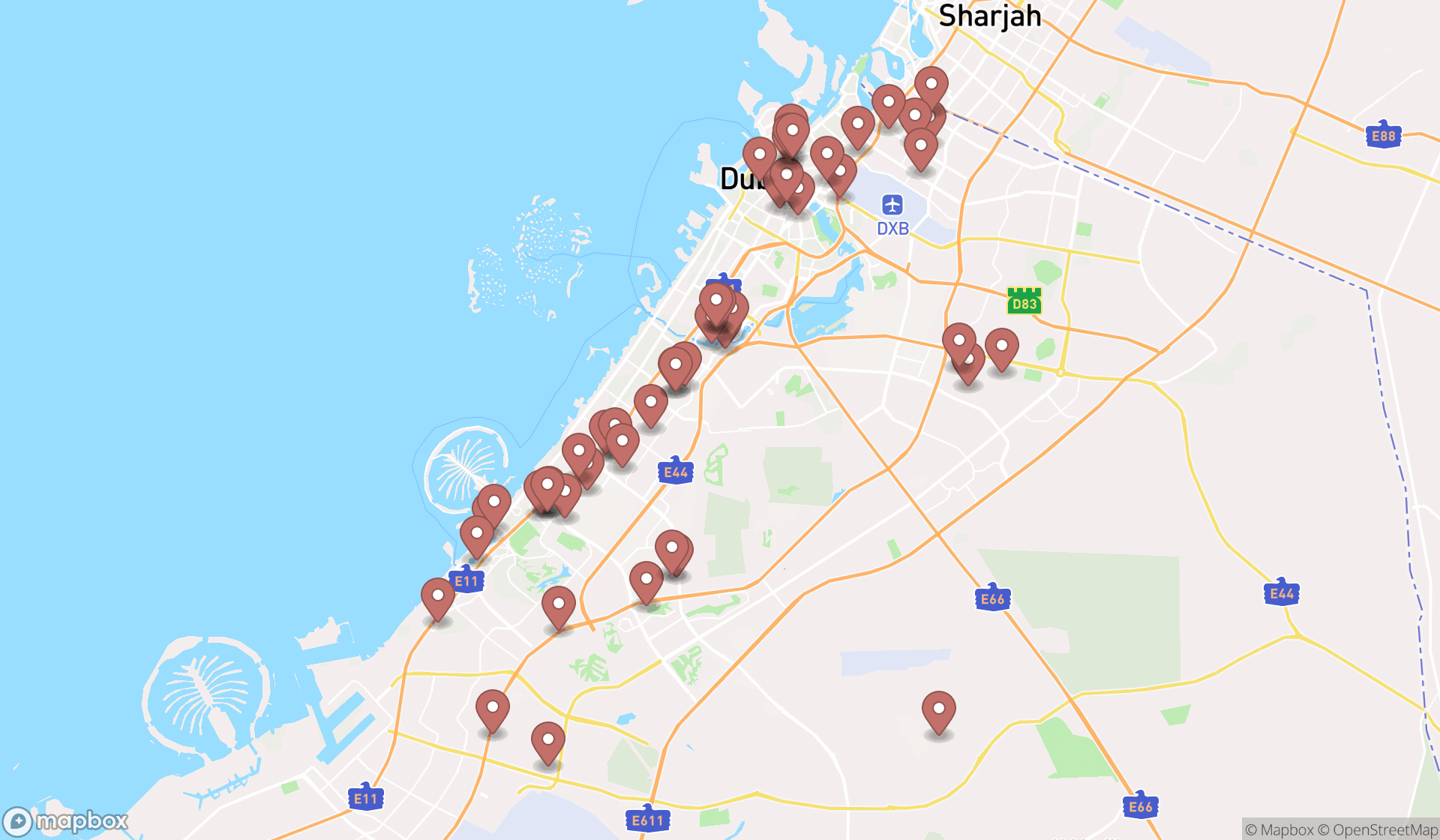 Map showing the search results in Dubai