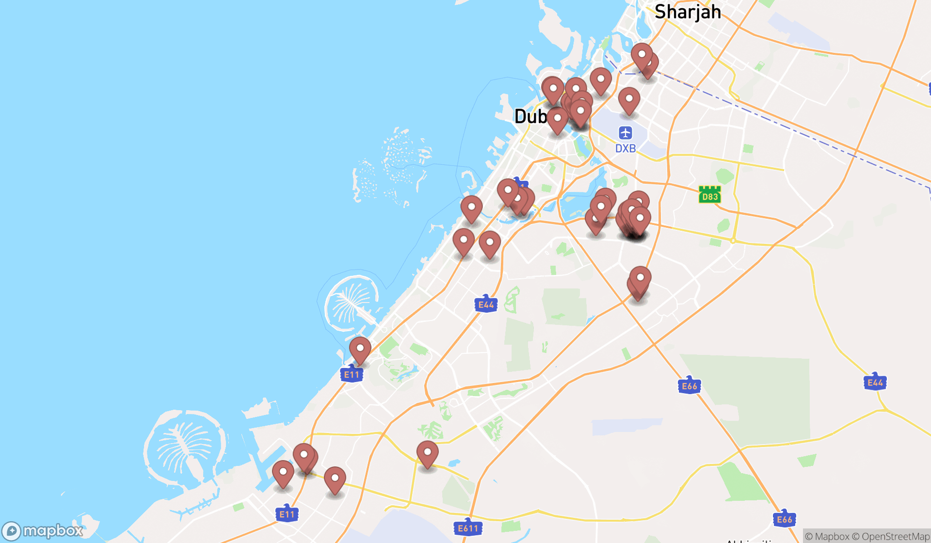 Map showing the search results in Dubai