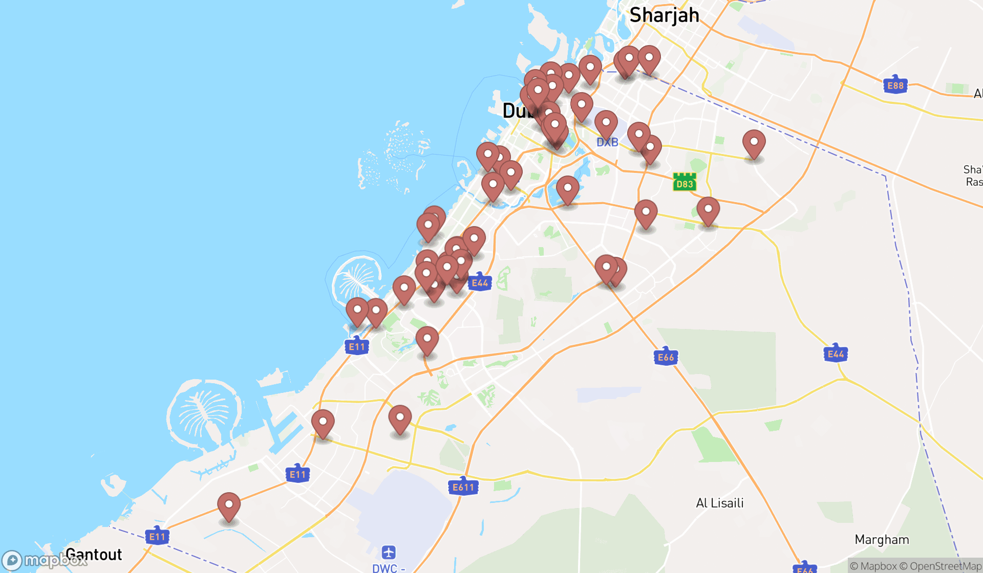 Map showing the search results in Dubai