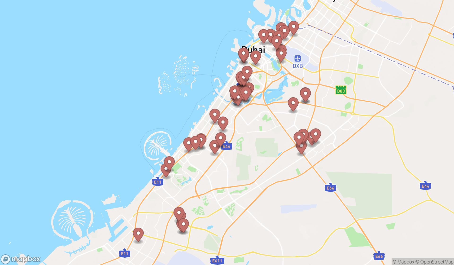 Map showing the search results in Dubai