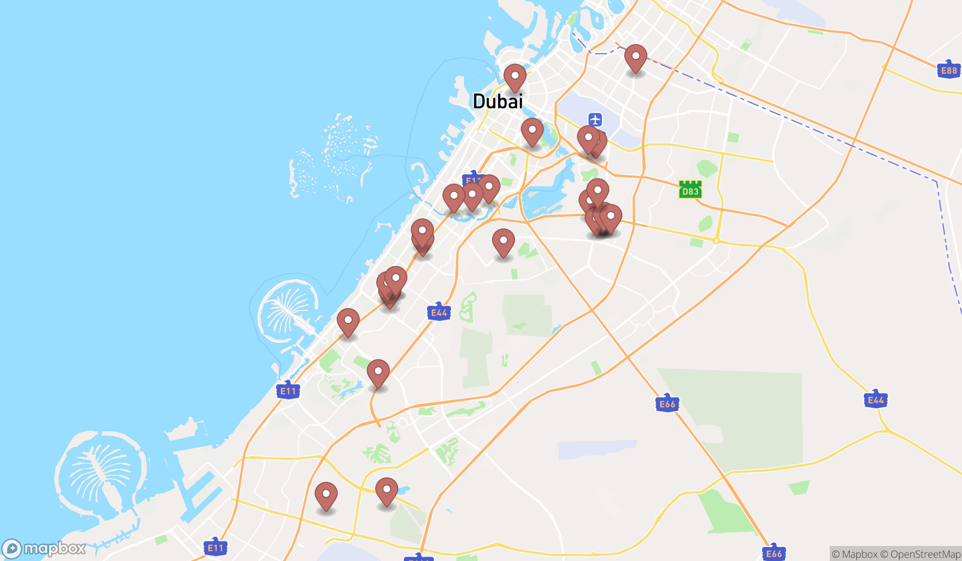 Map showing the search results in Dubai