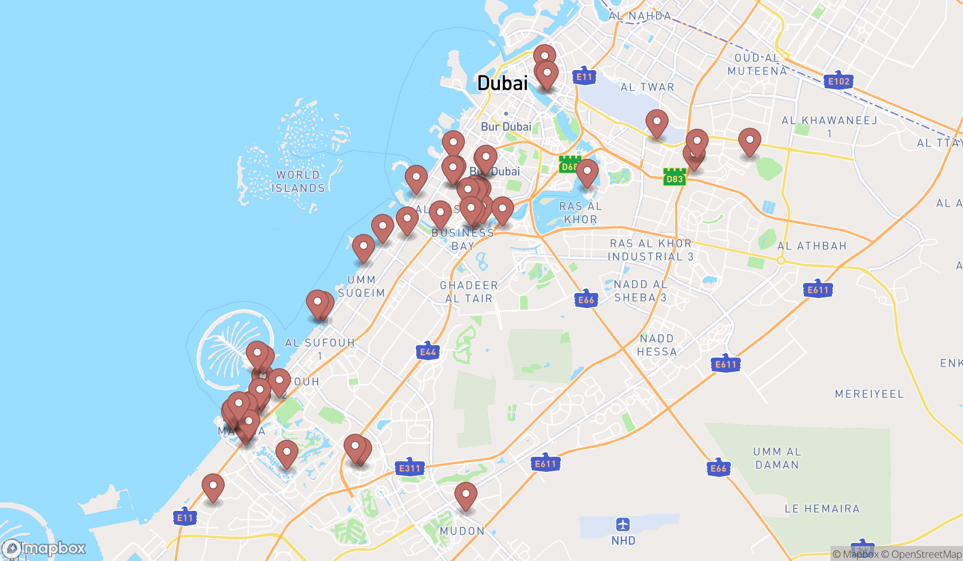 Map showing the search results in Dubai
