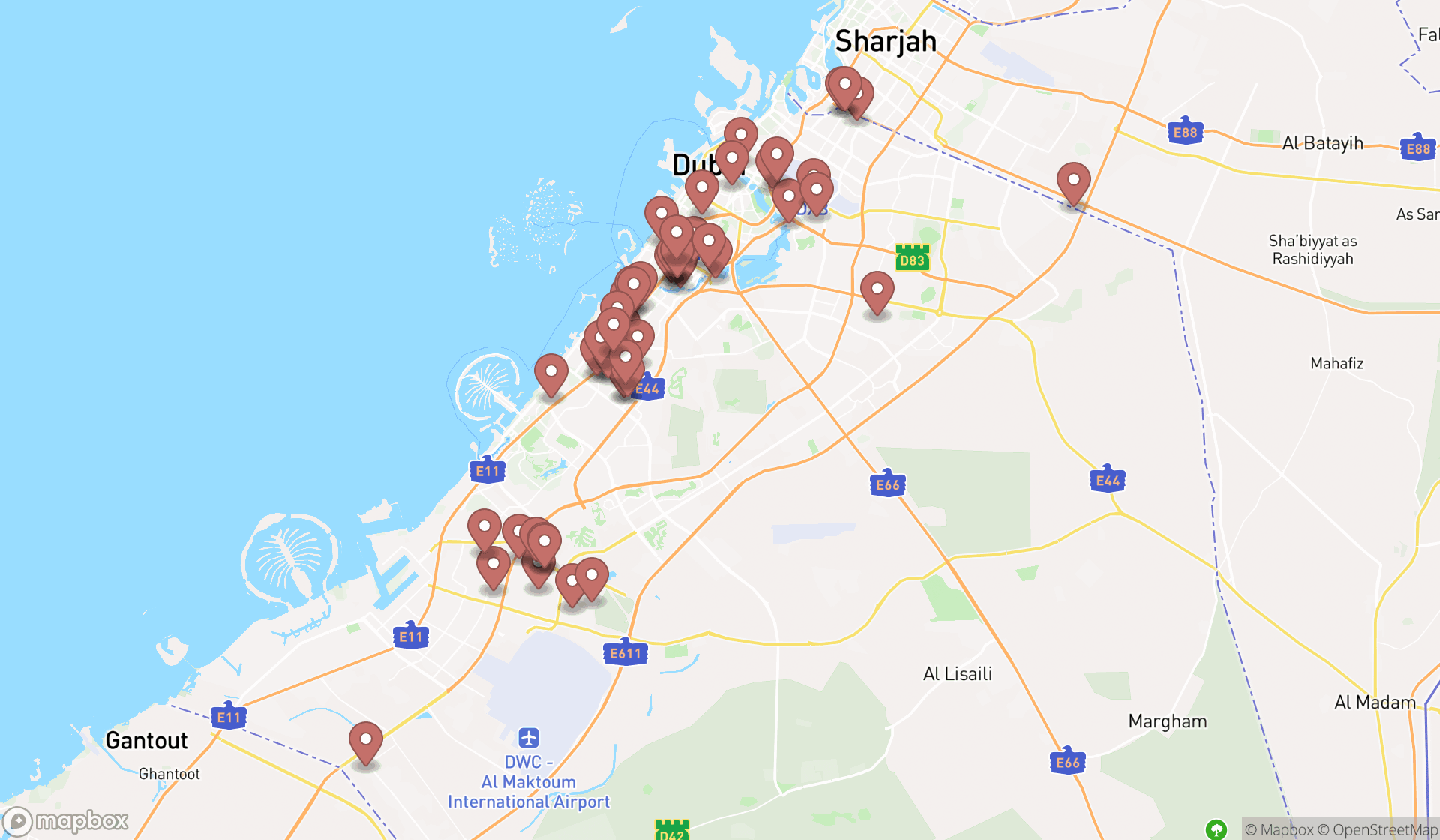 Map showing the search results in Dubai