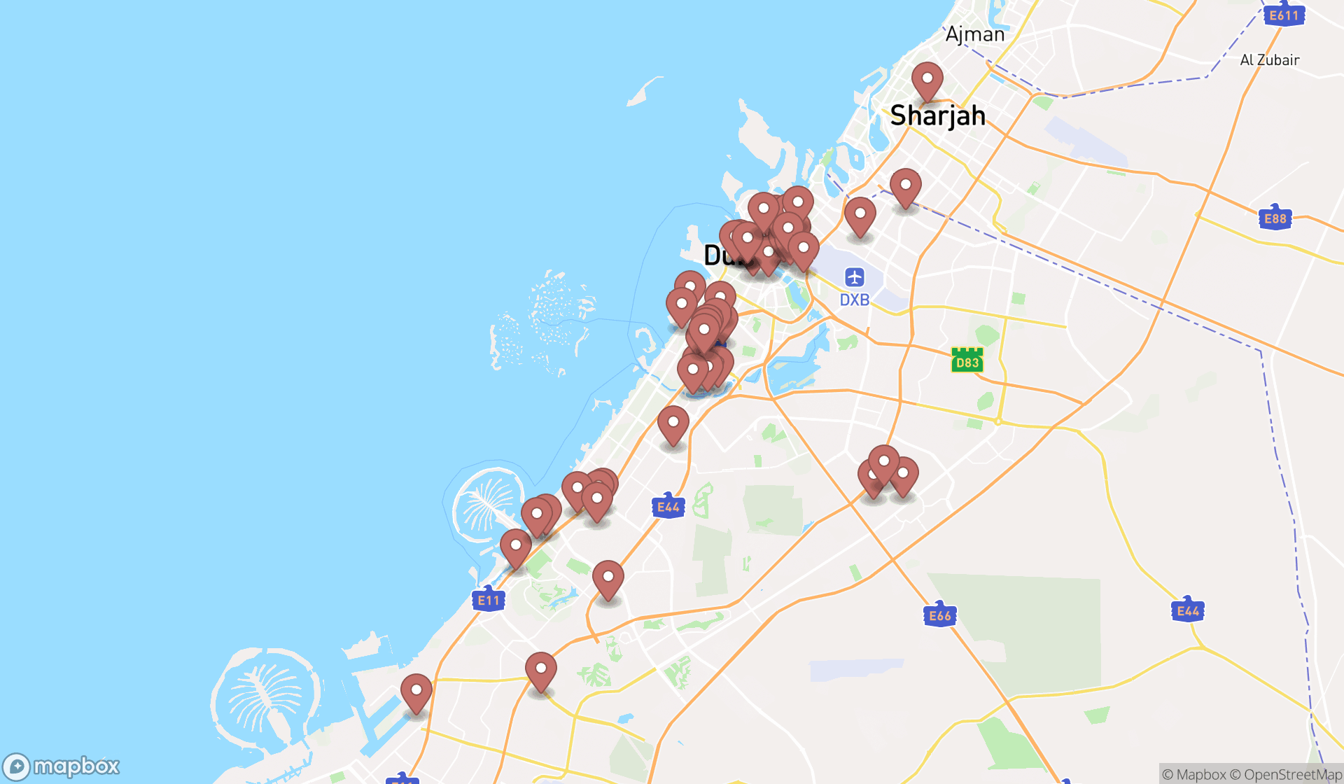 Map showing the search results in Dubai
