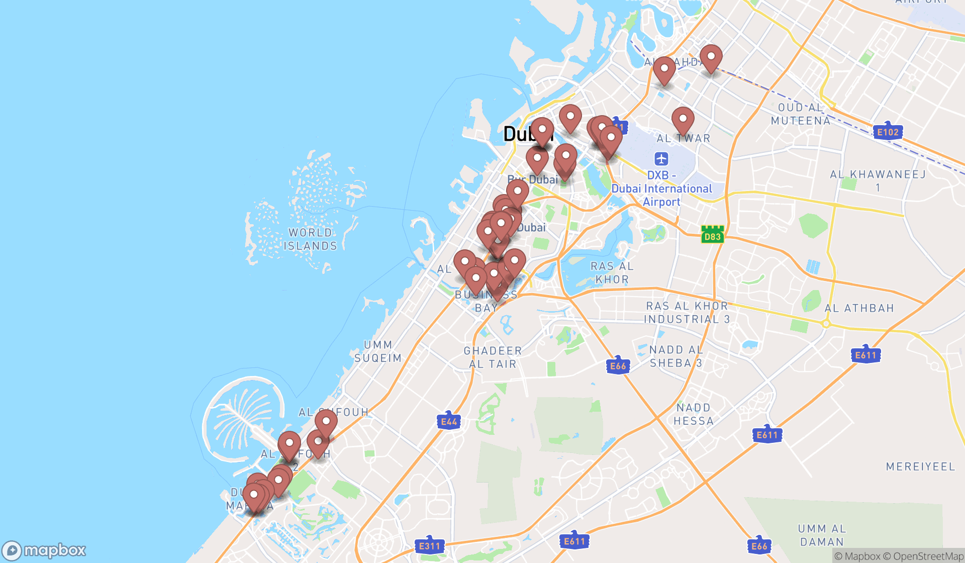 Map showing the search results in Dubai