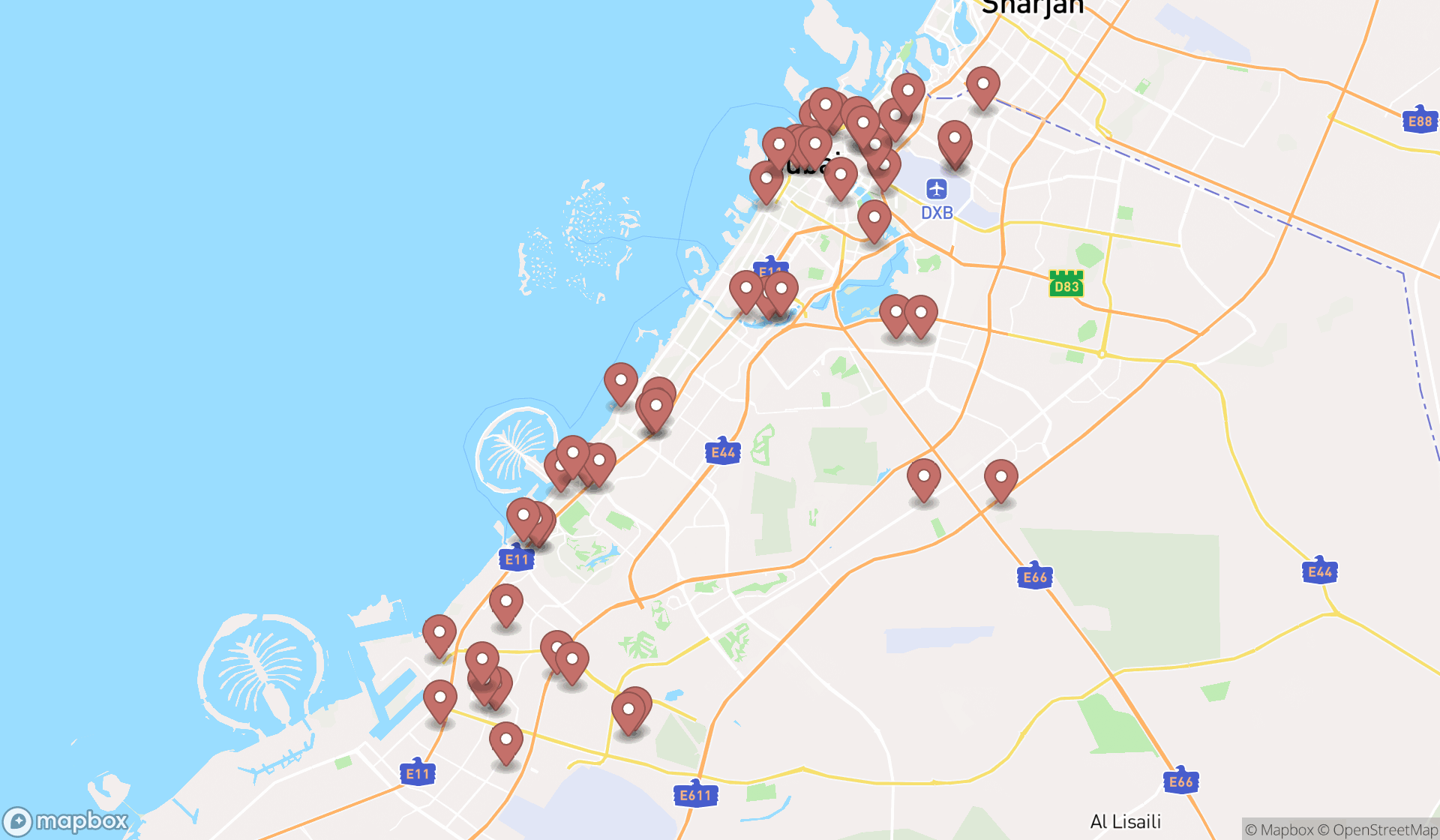 Map showing the search results in Dubai