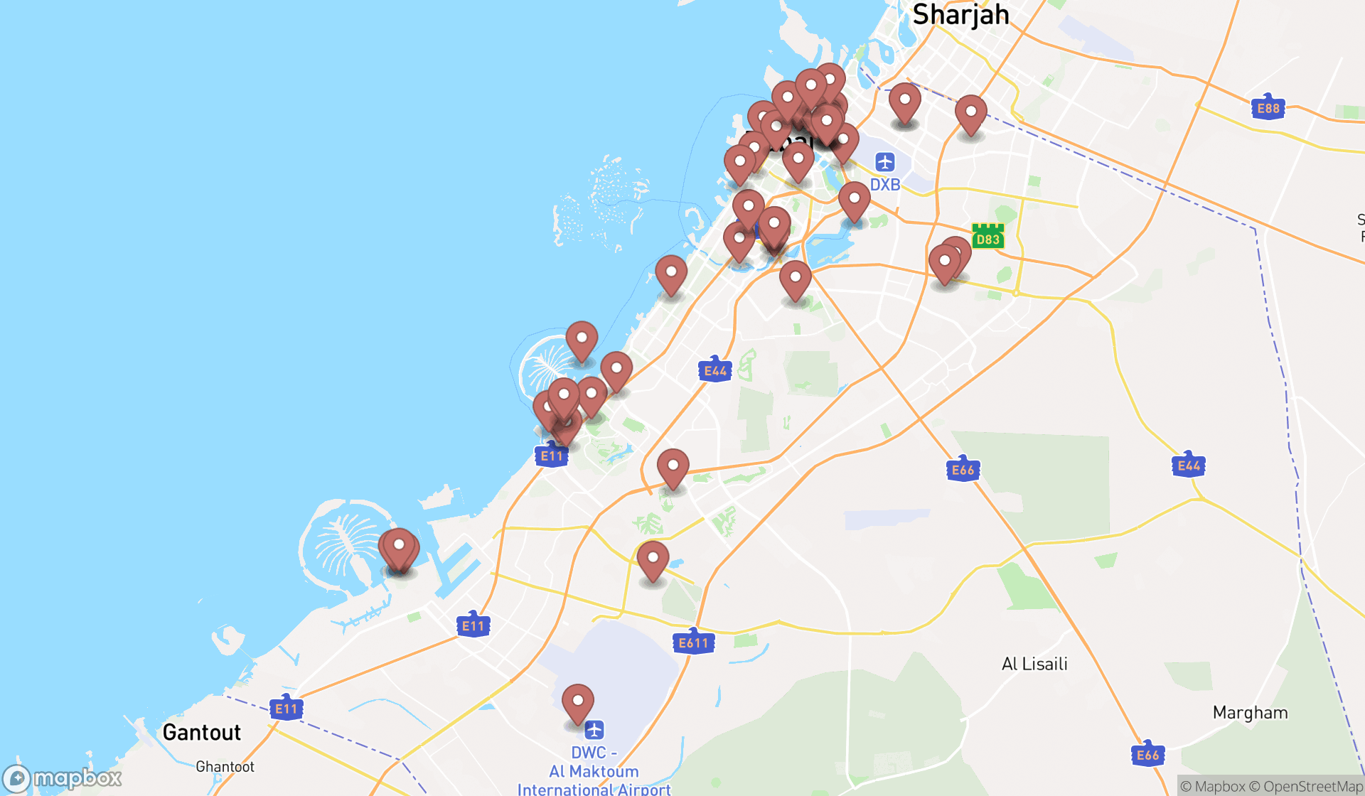 Map showing the search results in Dubai
