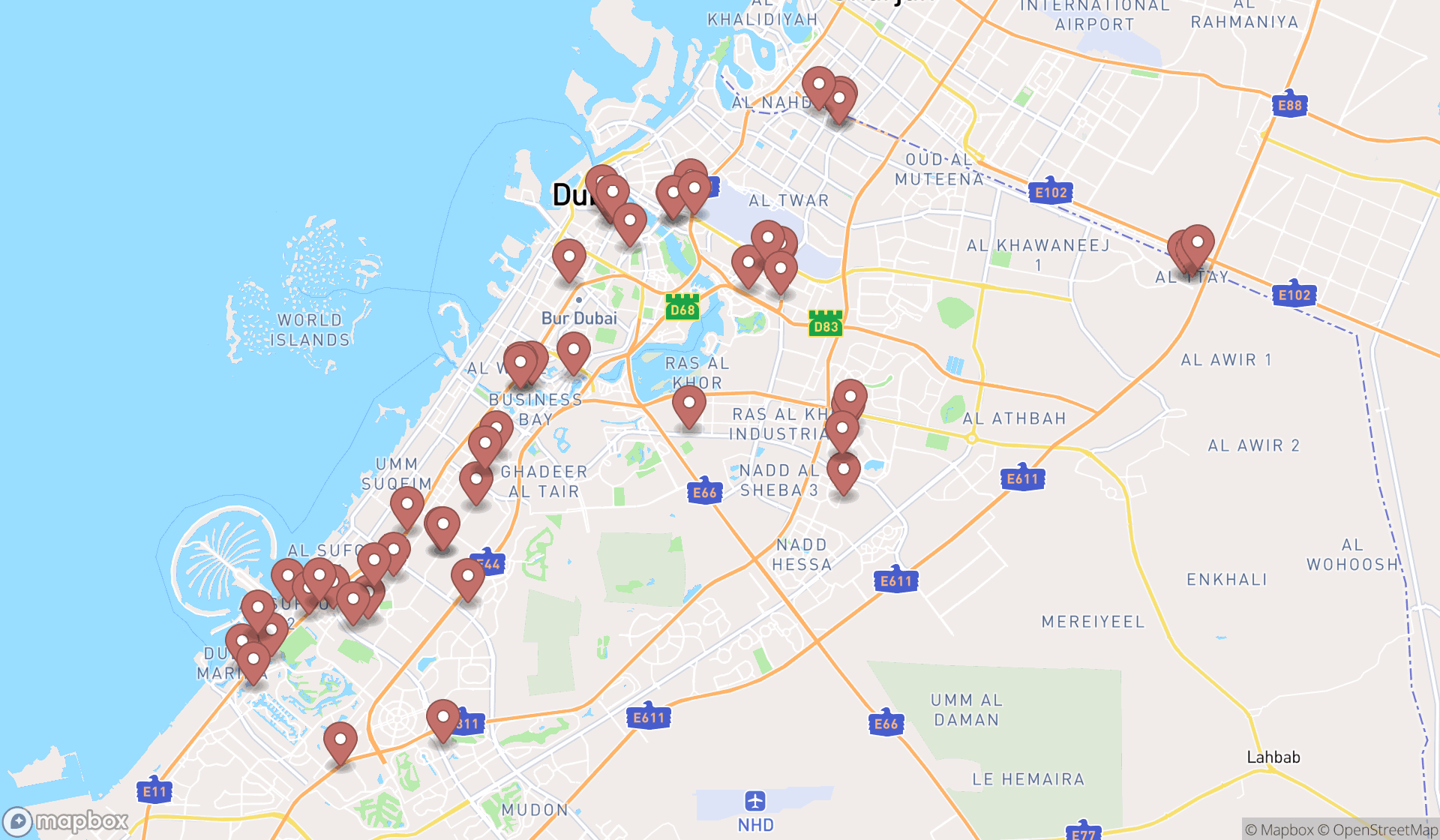 Map showing the search results in Dubai
