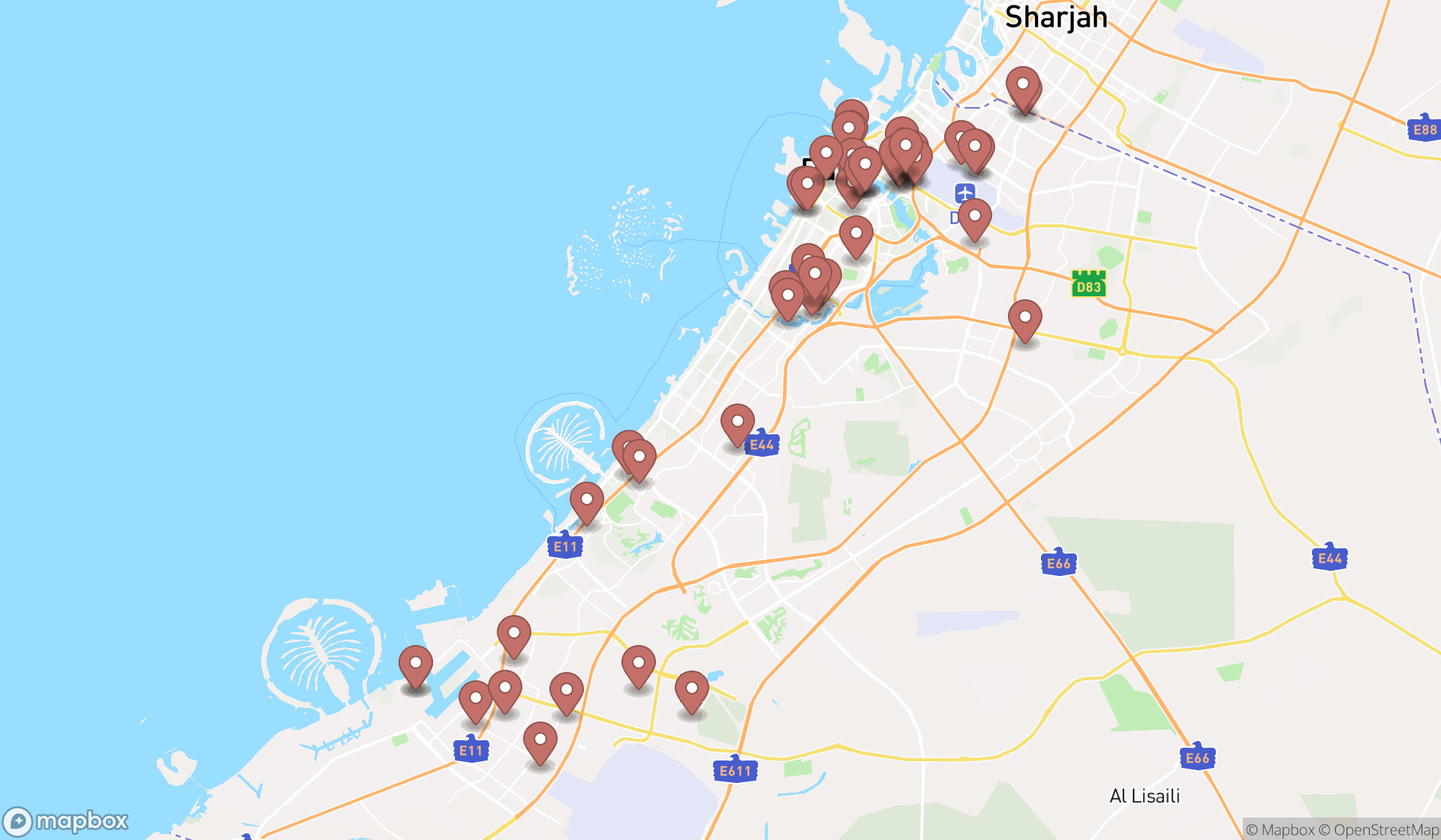 Map showing the search results in Dubai