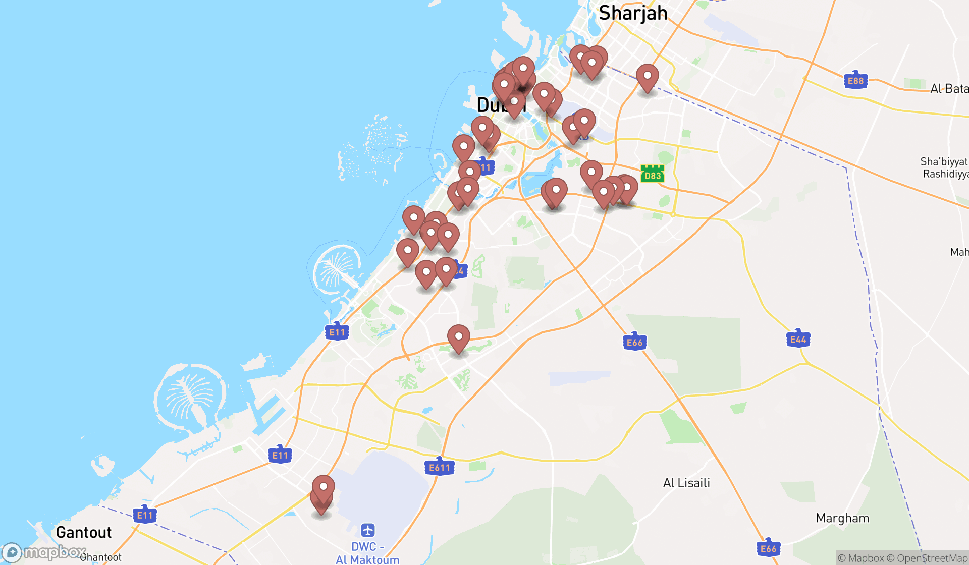 Map showing the search results in Dubai
