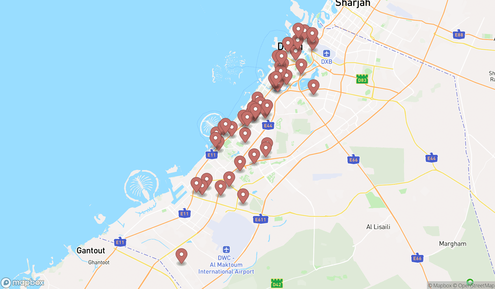 Map showing the search results in Dubai