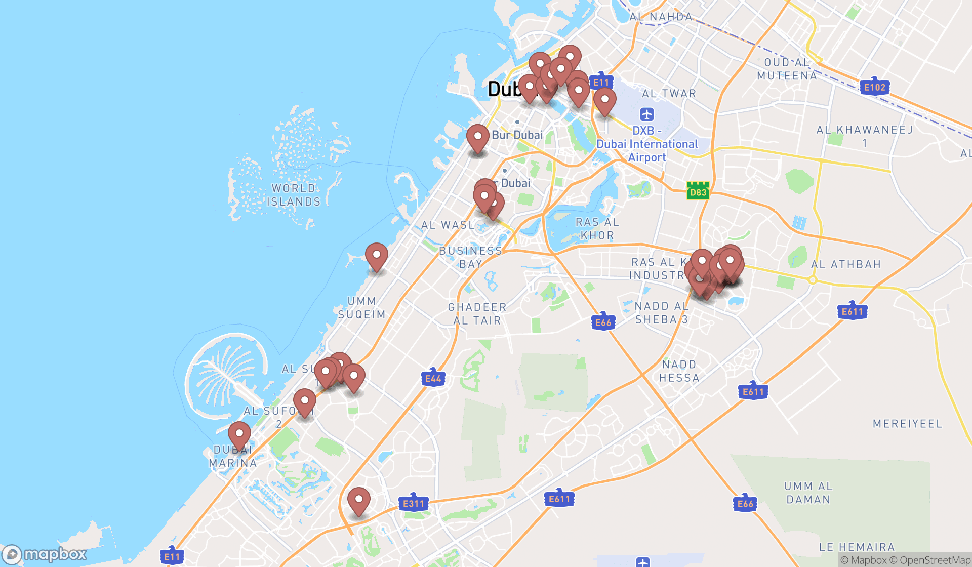 Map showing the search results in Dubai