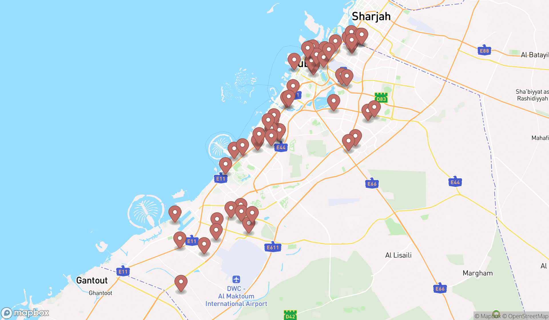Map showing the search results in Dubai